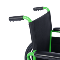 manual wheelchair with large rear wheels and foldable footrests, left angle