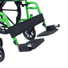 adult green wheelchair with adjustable footrests, side perspective