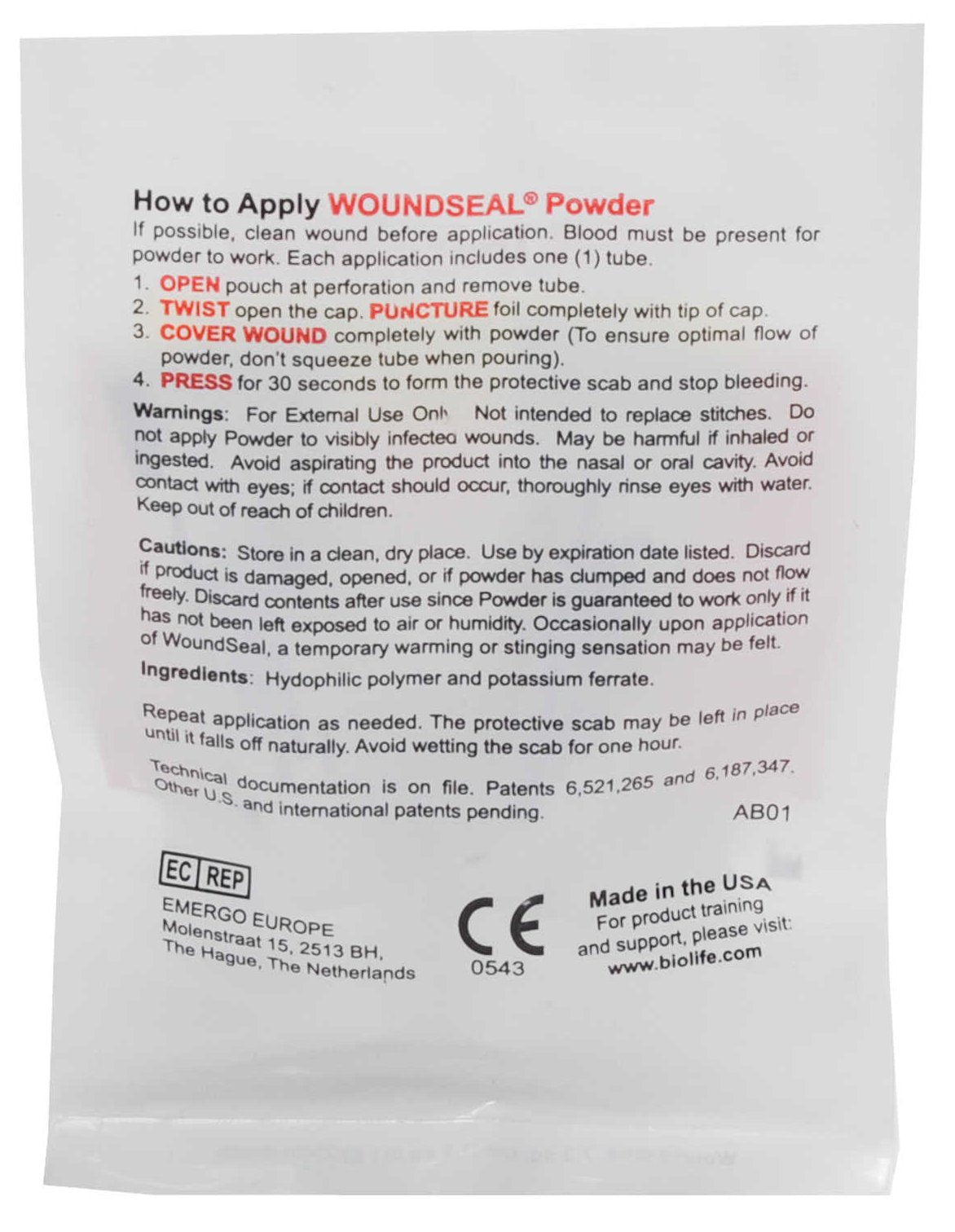 hemostatic agent wound seal 2 per pack sterile