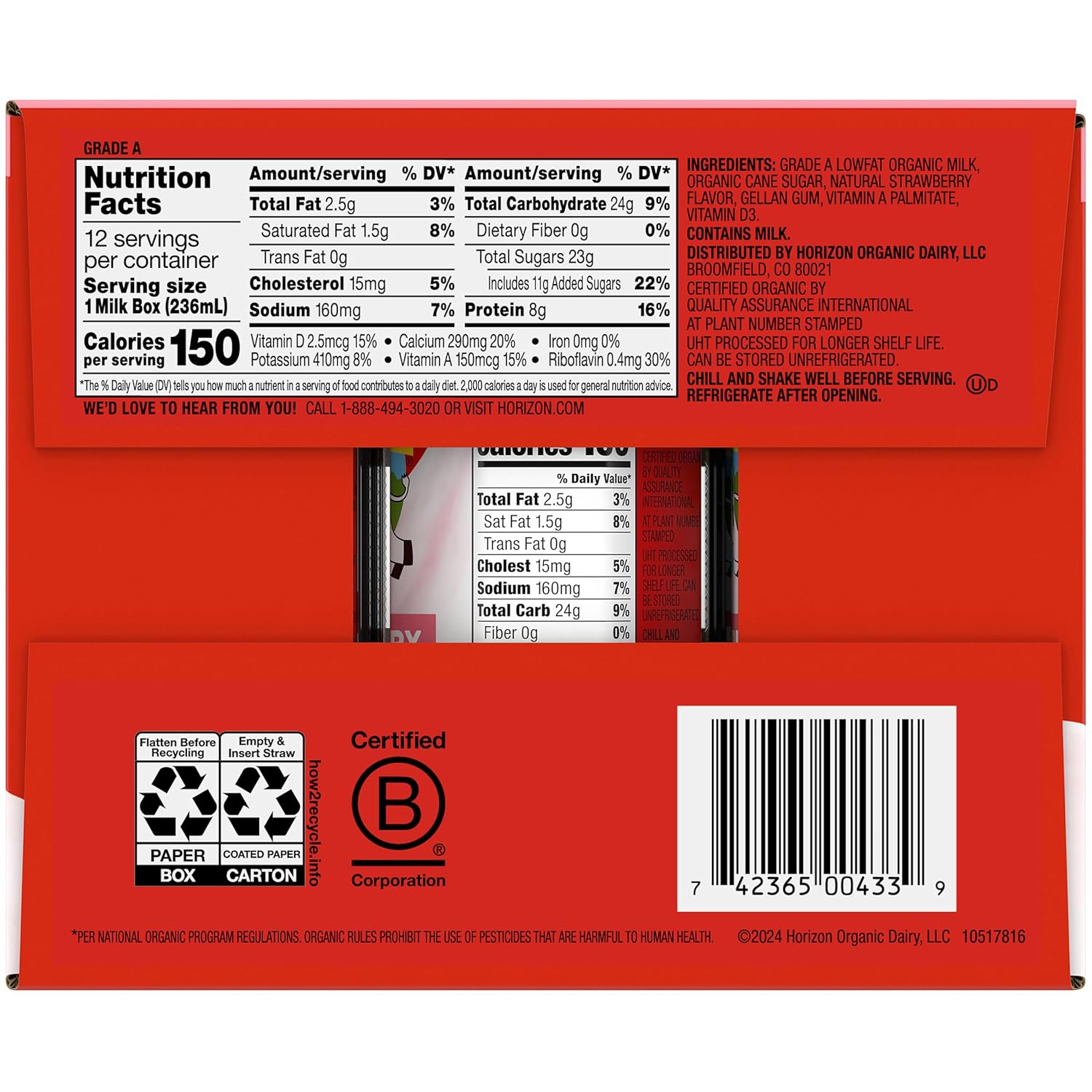 horizon organic dairy low fat milk strawberry case of 3 8 fl oz