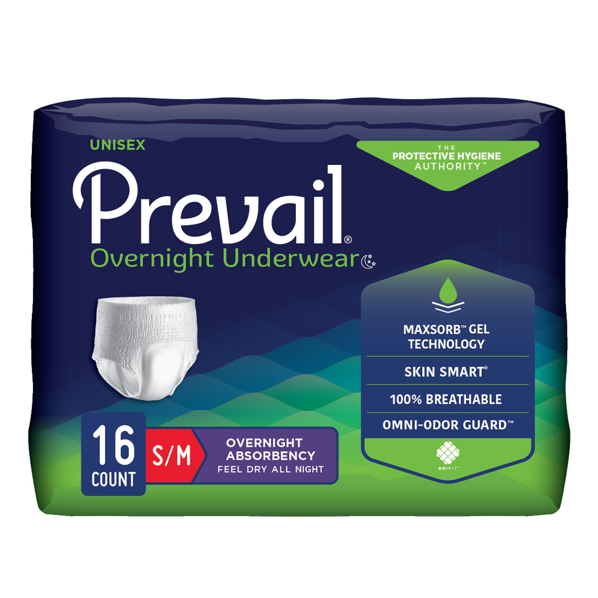 Unisex Adult Absorbent Underwear Prevail Overnight Pull On with Tear Away Seams Small / Medium Disposable Heavy Absorbency