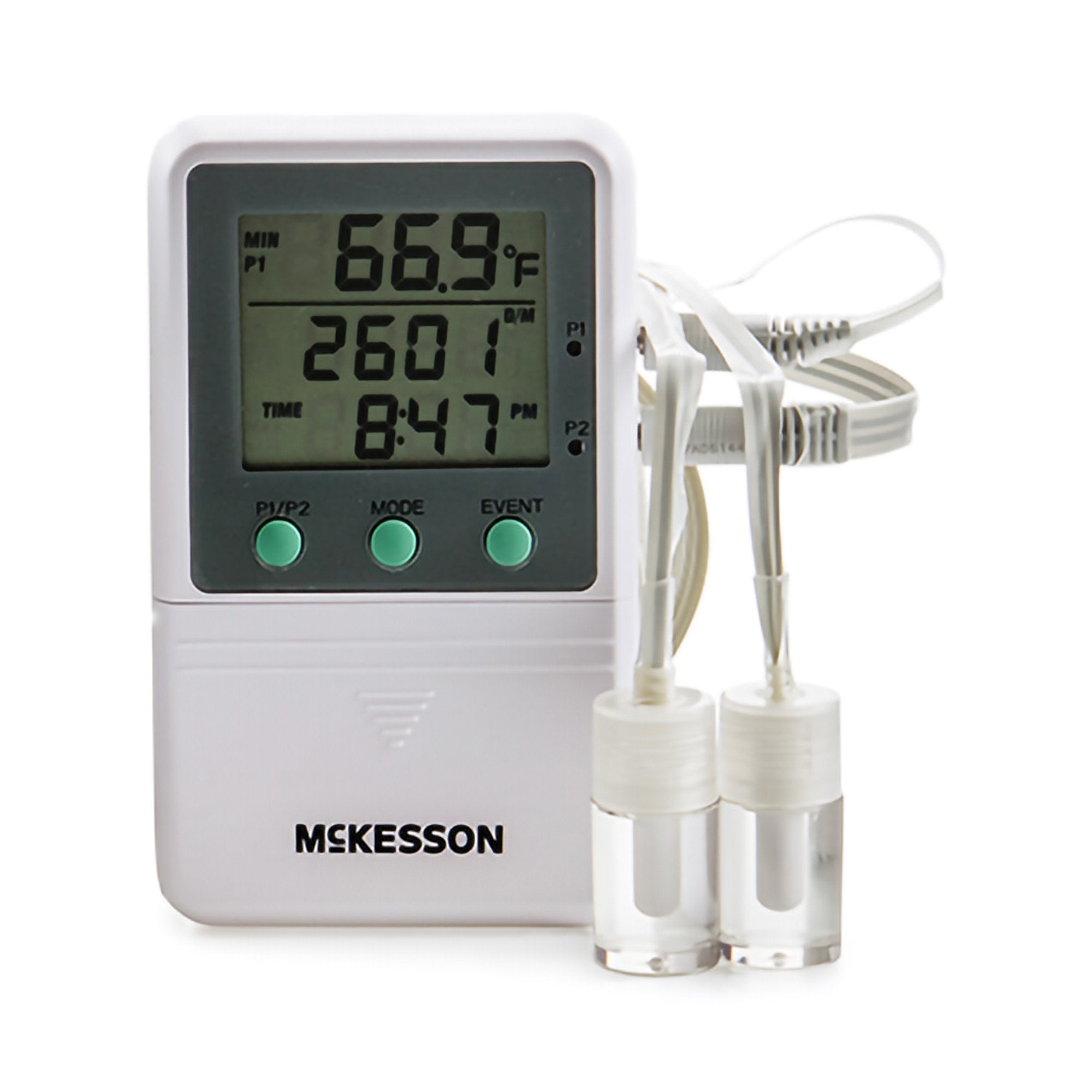 Digital Refrigerator / Freezer Thermometer with Alarm McKesson Fahrenheit / Celsius 58° to +158°F ( 50° to +70°C) 2 Glycol Bottle Probes Multiple Mounting Options Battery Operated