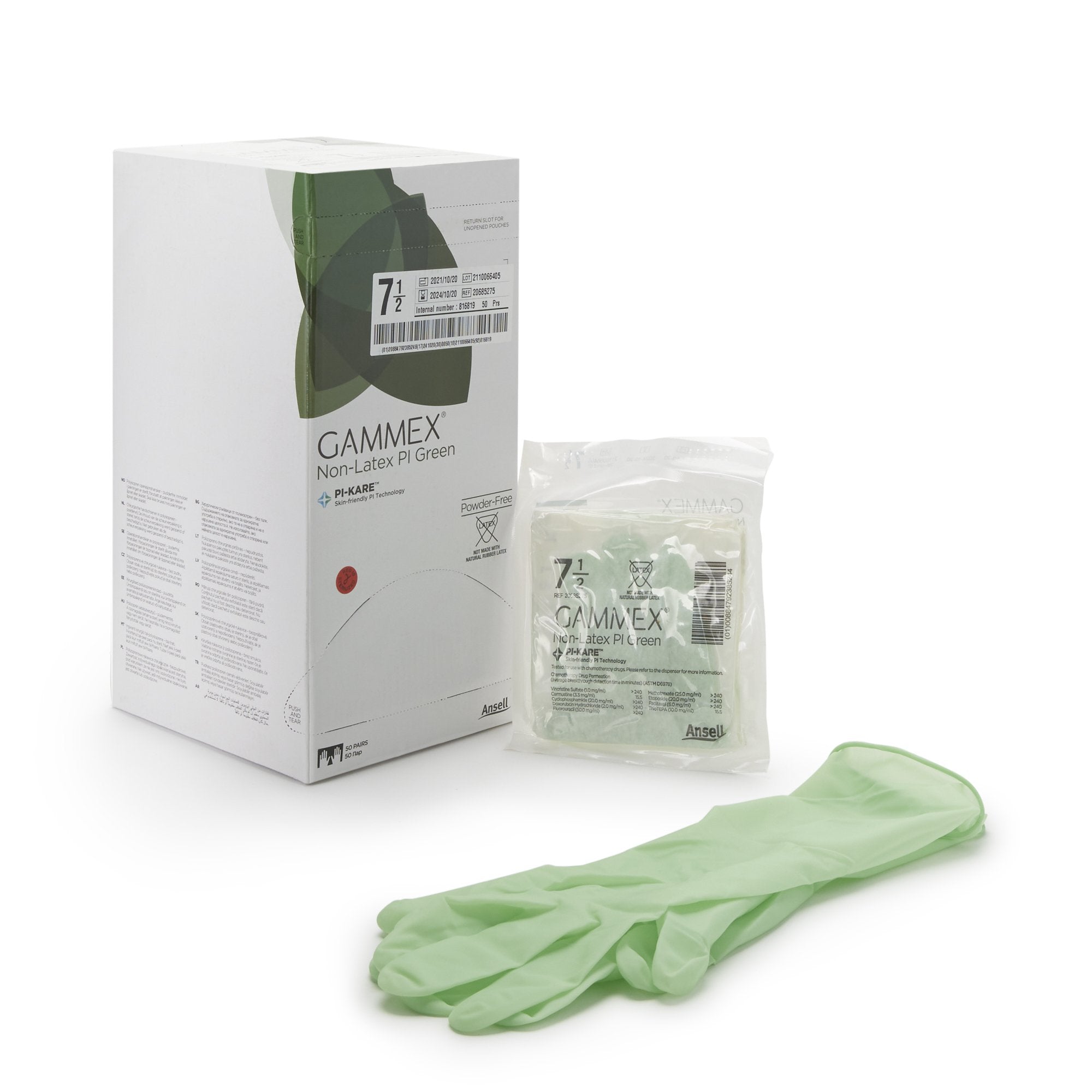 Surgical Glove GAMMEX Non Latex PI Green Size 7.5 Sterile Polyisoprene Standard Cuff Length Micro Textured Light Green Chemo Tested