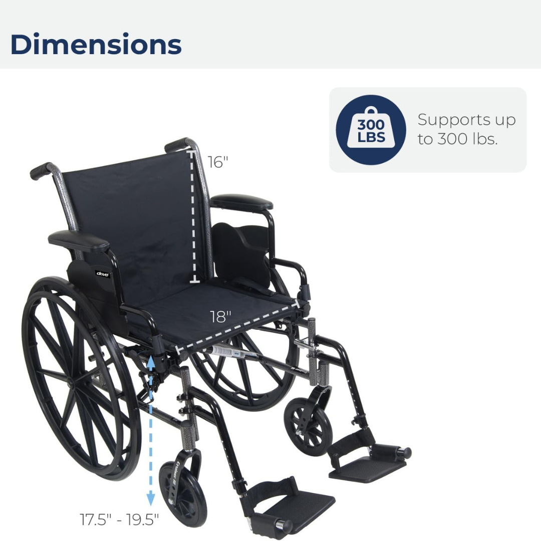 Drive Medical K3 Cruiser III Wheelchair with Removable flip-back arms and Elevating Leg Rests ,8" front Wheels ,300 lbs Weight Capacity ,18" (W) x 16" - 18" (D) ,K318DDA-ELR