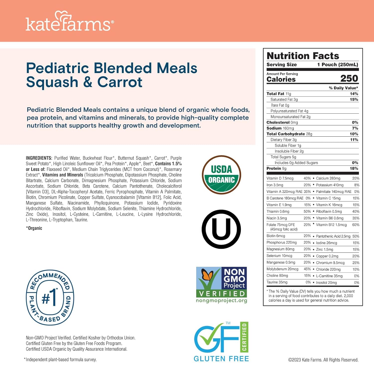 kate farms pediatric blended meals with squash and carrots 8 45 ounce pouch kate farms pediatric tube feeding formula mk1241599ea