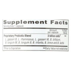Supplement facts label for a probiotic blend on a white background