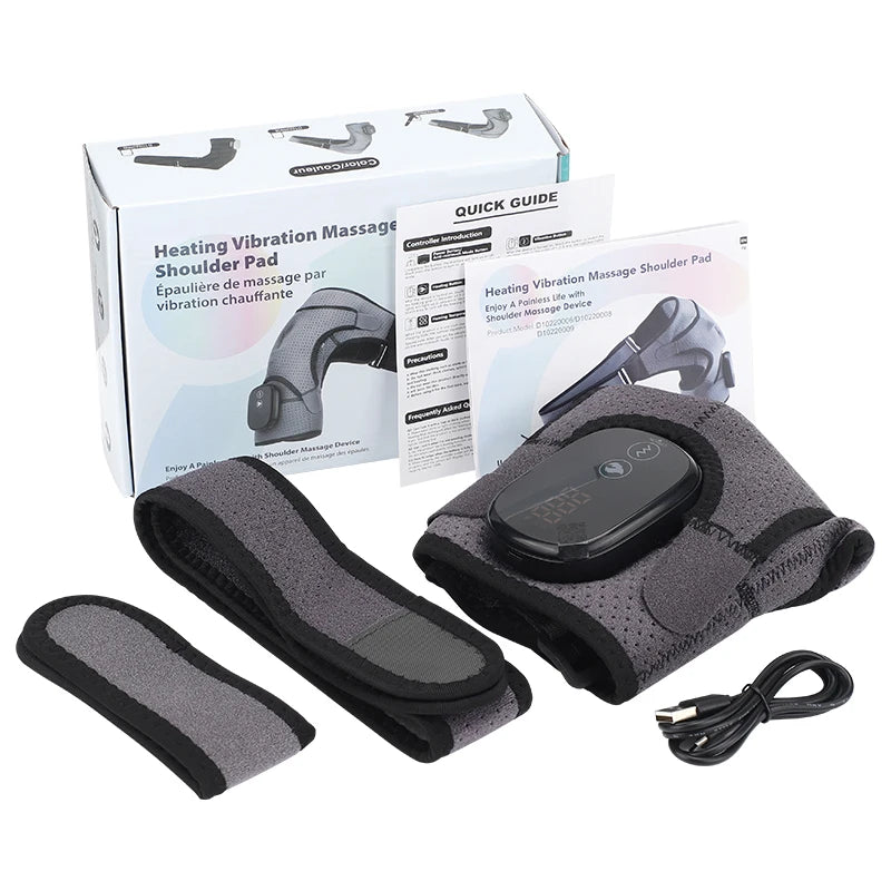 led heat heating vabration shoulder massage wrap brace support 3 levels left right electric battery heated massage support brace 1