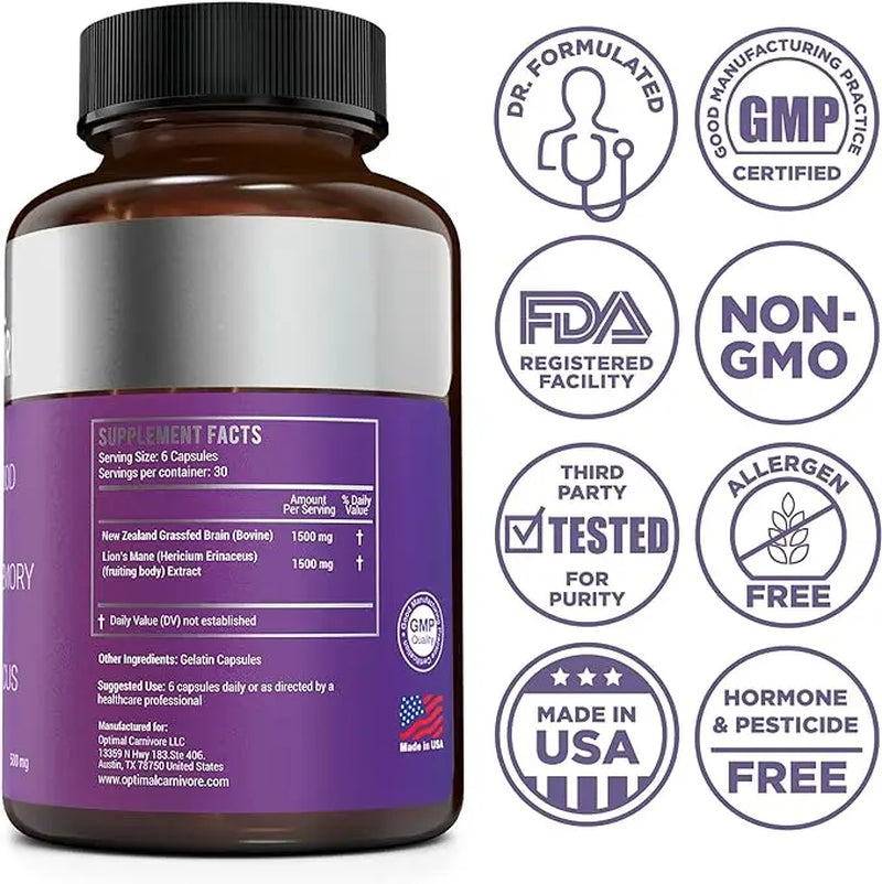 Lions Mane & Beef Brain, Nootropics Brain Support Supplement, Brain Supplements for Memory and Focus, 180 Capsules