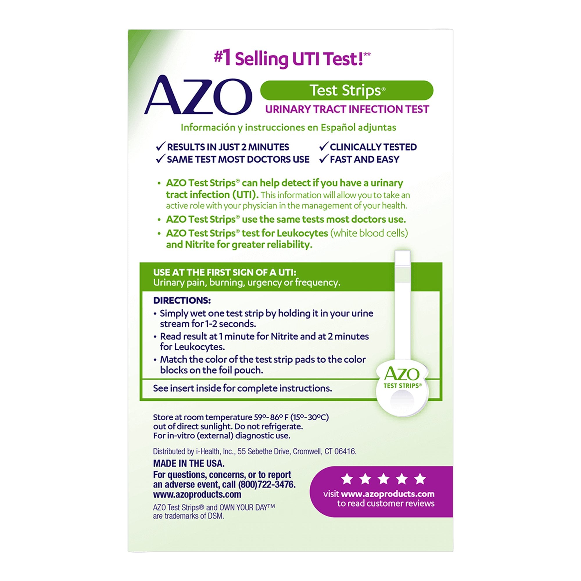 Urinalysis Test Kit AZO Test Strips Urinary Tract Infection Detection 3 Tests CLIA Waived, Packaging Type- Box