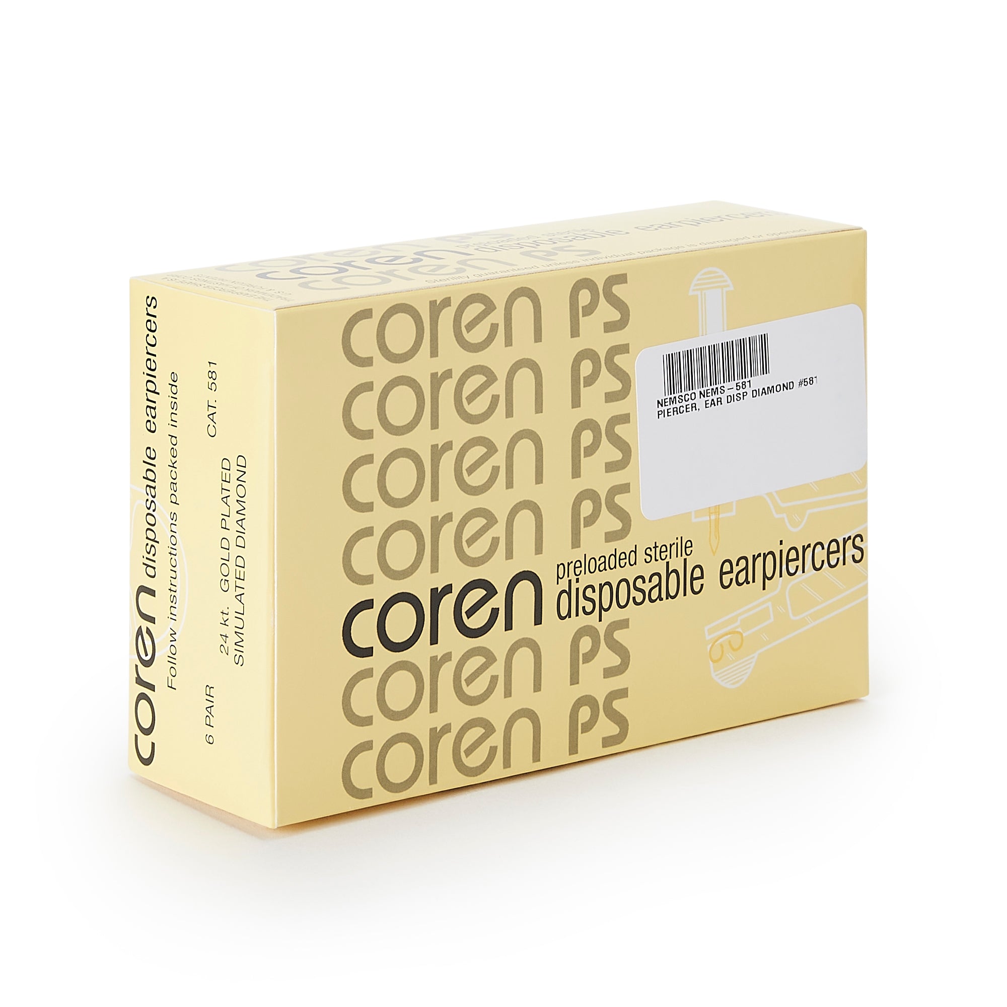 Coren PS Disposable Ear Piercer – White with Simulated Diamond 24Kt Gold-Plated Studs (Box of 6 Pairs, Made in USA)