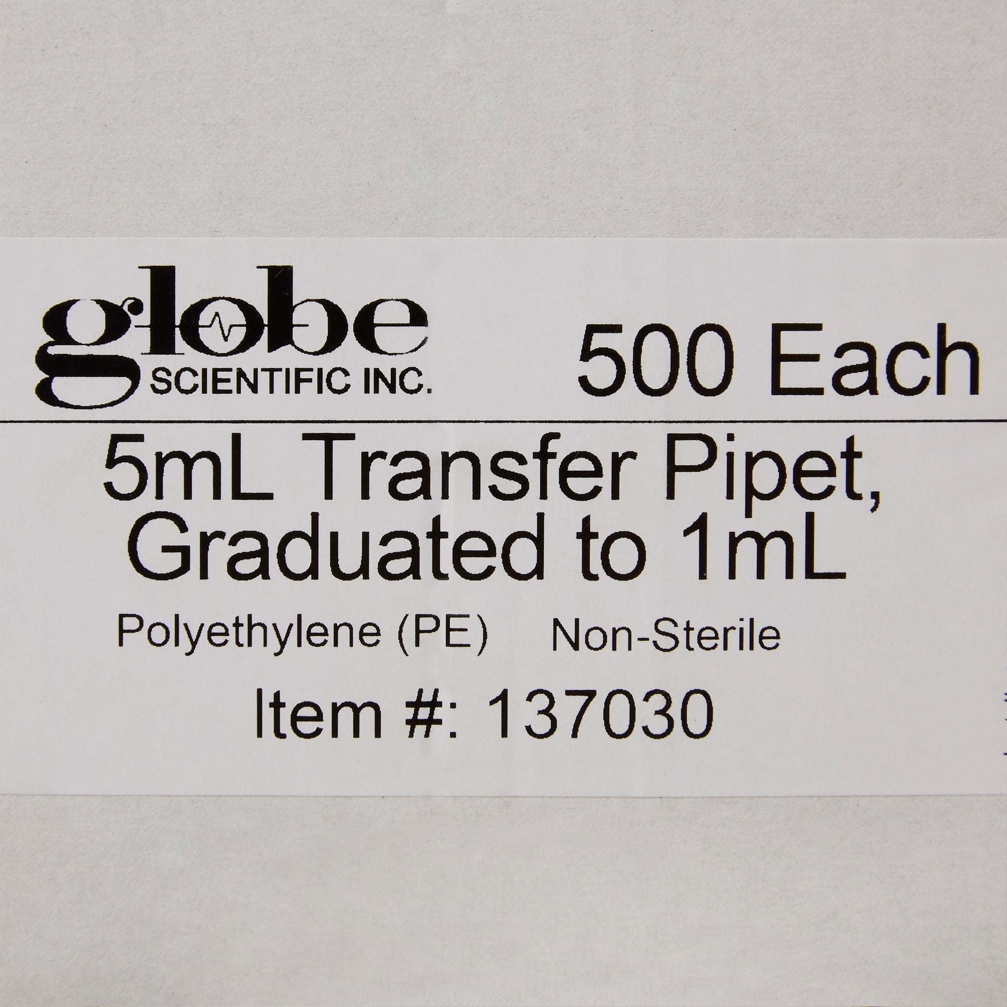 Globe Scientific Transfer Pipette 5 mL 0.25 mL Graduation Increments NonSterile, Packaging Type- Box