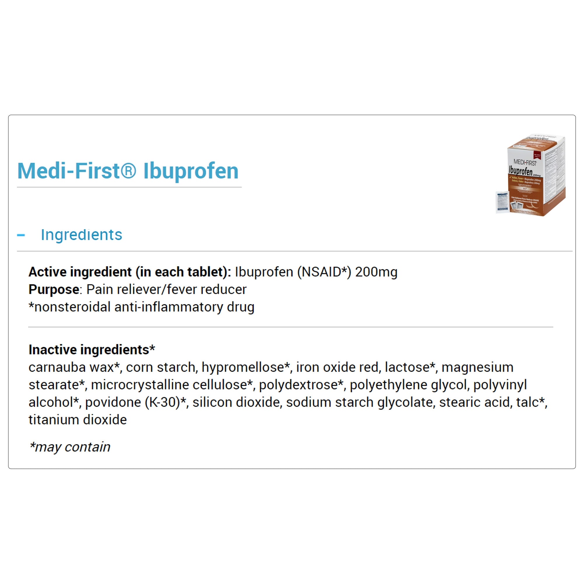 Pain Relief Medi-First 200 mg Strength Ibuprofen Tablet 250 per Box, Packaging Type- Box