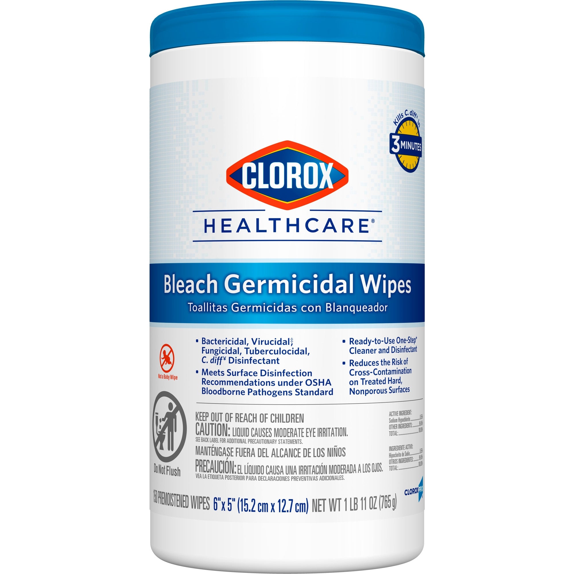 Clorox Healthcare Surface Disinfectant Cleaner Premoistened Bleach Germicidal Manual Pull Wipe 150 Count Canister Floral Scent NonSterile | 6PK/Case
