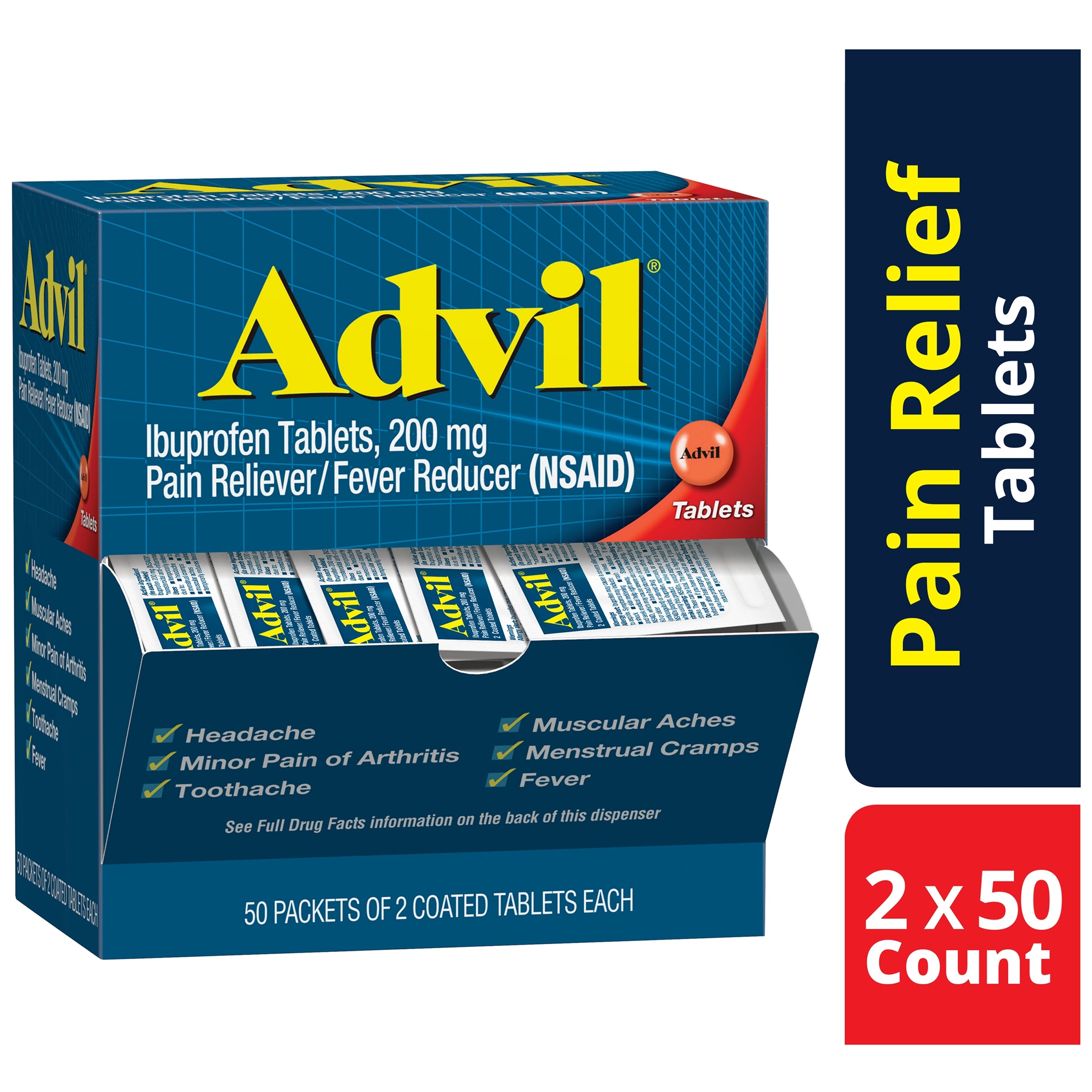 Pain Relief Advil 200 mg Strength Ibuprofen Tablet 50 per Box, Packaging Type- Box