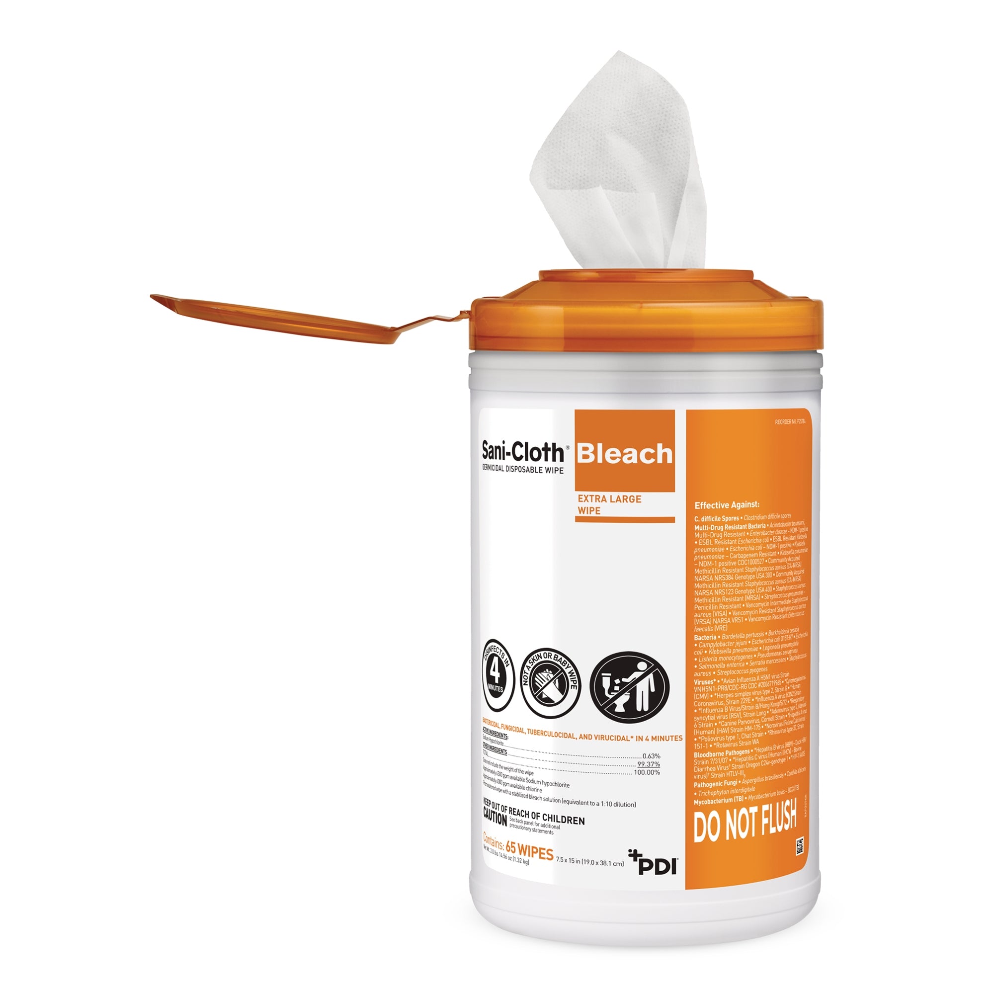Sani-Cloth Bleach Surface Disinfectant Cleaner Premoistened Germicidal Manual Pull Wipe 65 Count Canister Chlorine Scent NonSterile | 6NC/Case