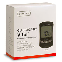 Blood Glucose Meter Glucocard Vital 7 Second Results Stores up to 250 Results No Coding Required, Packaging Type- Box