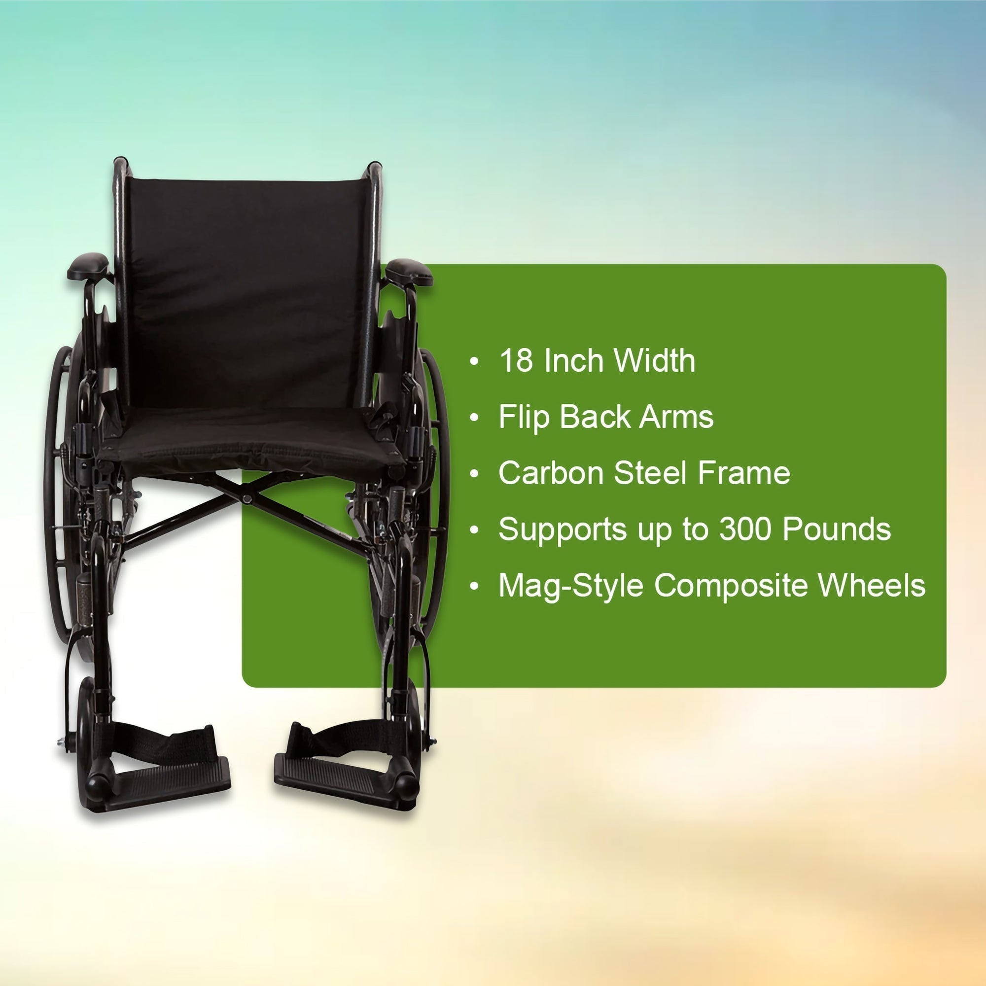 Lightweight Wheelchair McKesson Dual Axle Desk Length Arm Swing-Away Footrest Black Upholstery 18 Inch Seat Width Adult 300 lbs. Weight Capacity, Packaging Type- Each