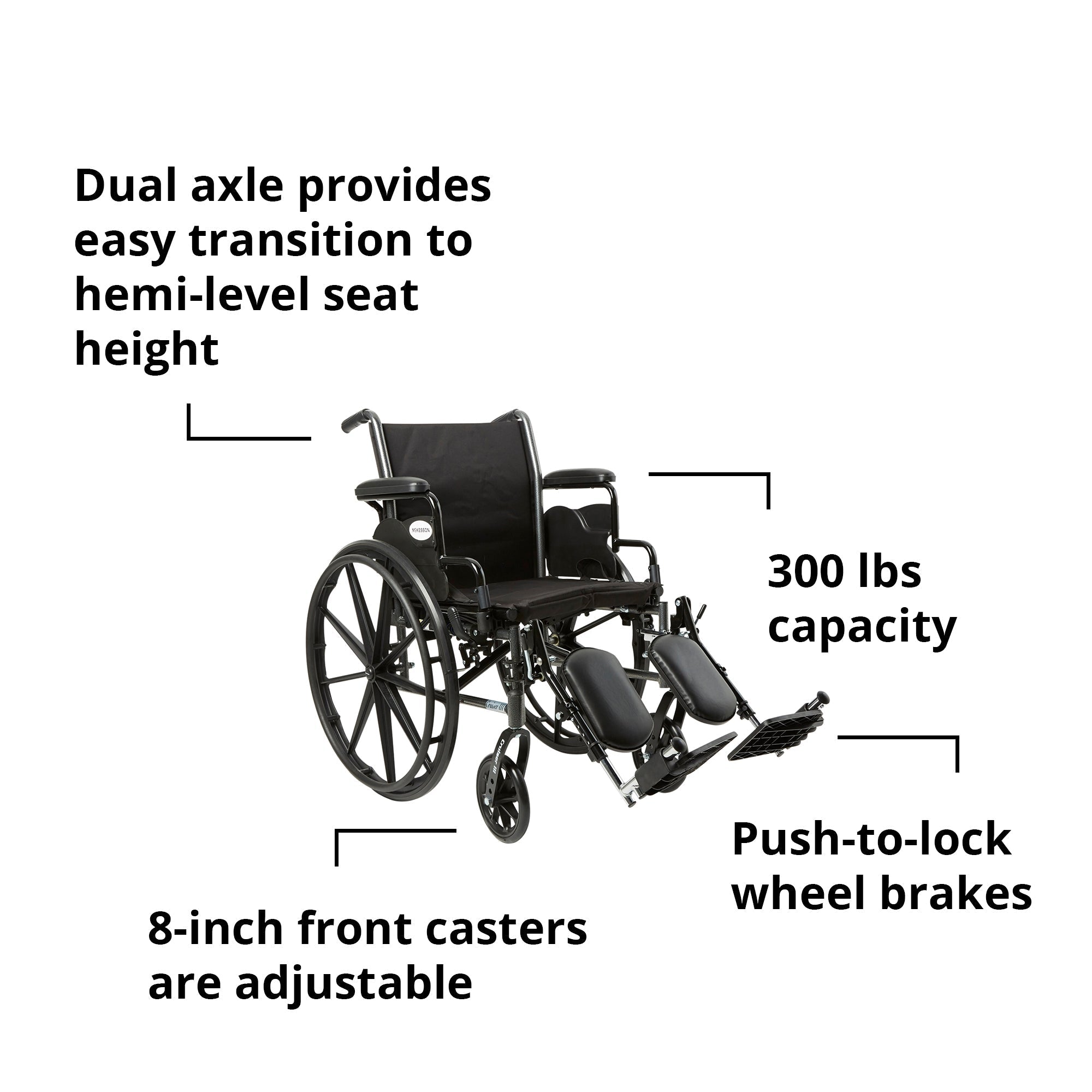 Lightweight Wheelchair McKesson Dual Axle Desk Length Arm Swing-Away Elevating Legrest Black Upholstery 18 Inch Seat Width Adult 300 lbs. Weight Capacity, Packaging Type- Each