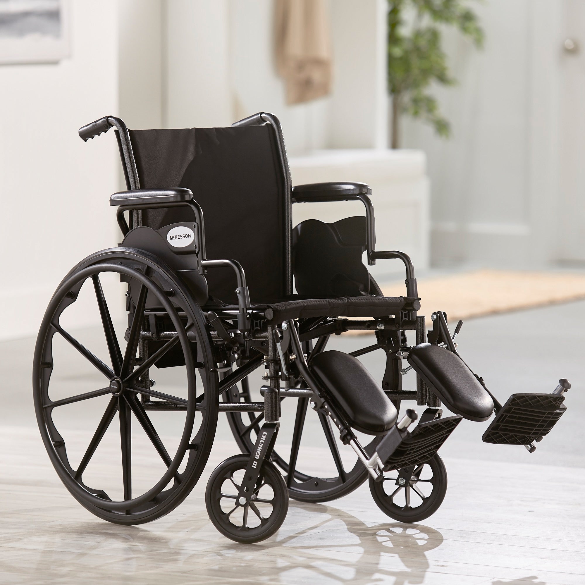 Lightweight Wheelchair McKesson Dual Axle Desk Length Arm Swing-Away Elevating Legrest Black Upholstery 20 Inch Seat Width Adult 300 lbs. Weight Capacity, Packaging Type- Each
