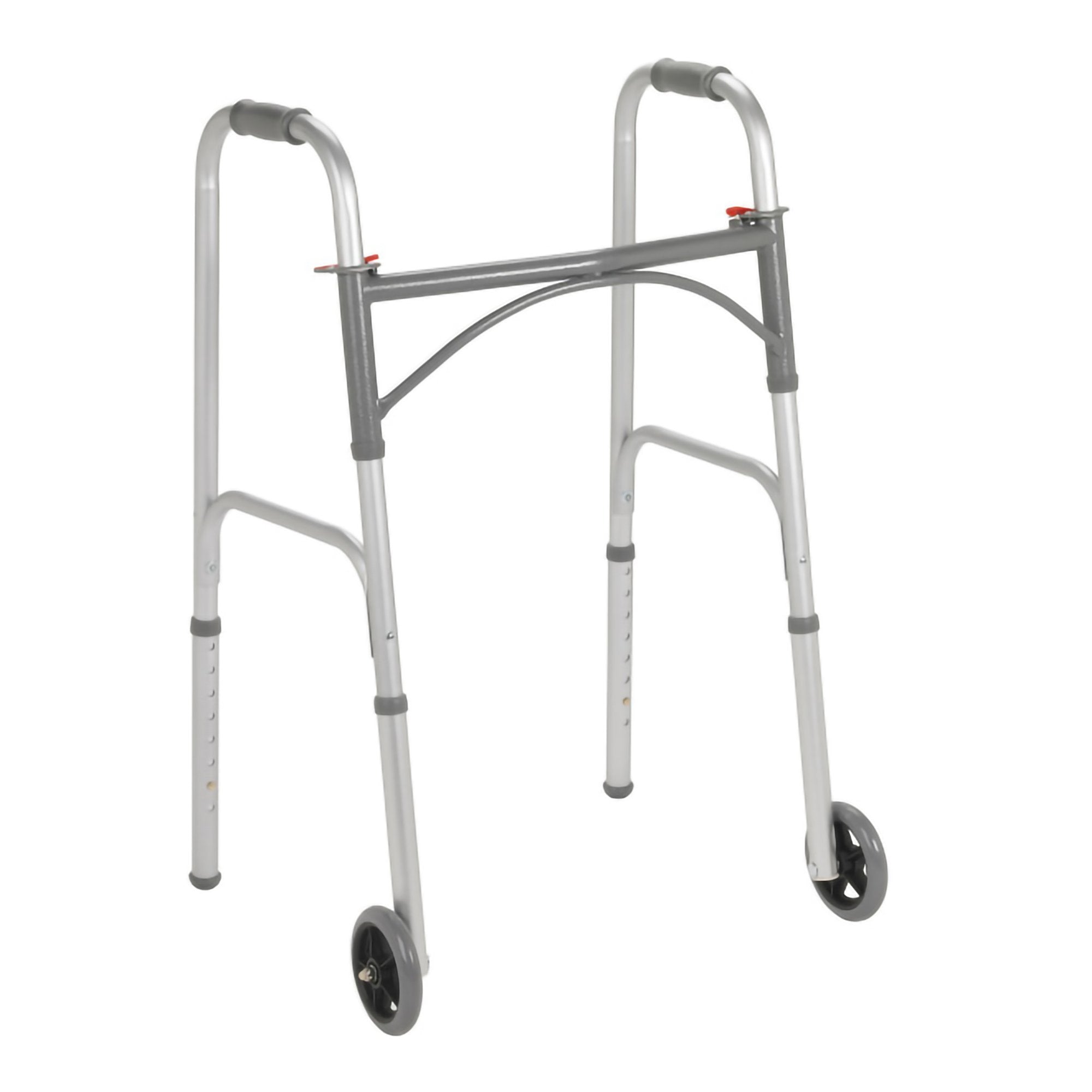 Dual Release Folding Walker with Wheels Adjustable Height McKesson Steel Frame 350 lbs. Weight Capacity 32 to 39 Inch Height
