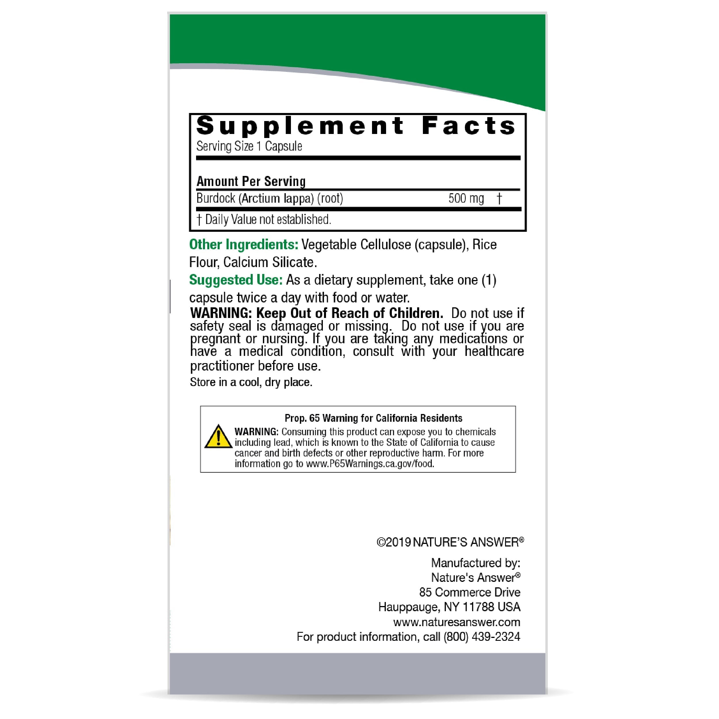 natures answer burdock root 90 vegetarian capsules