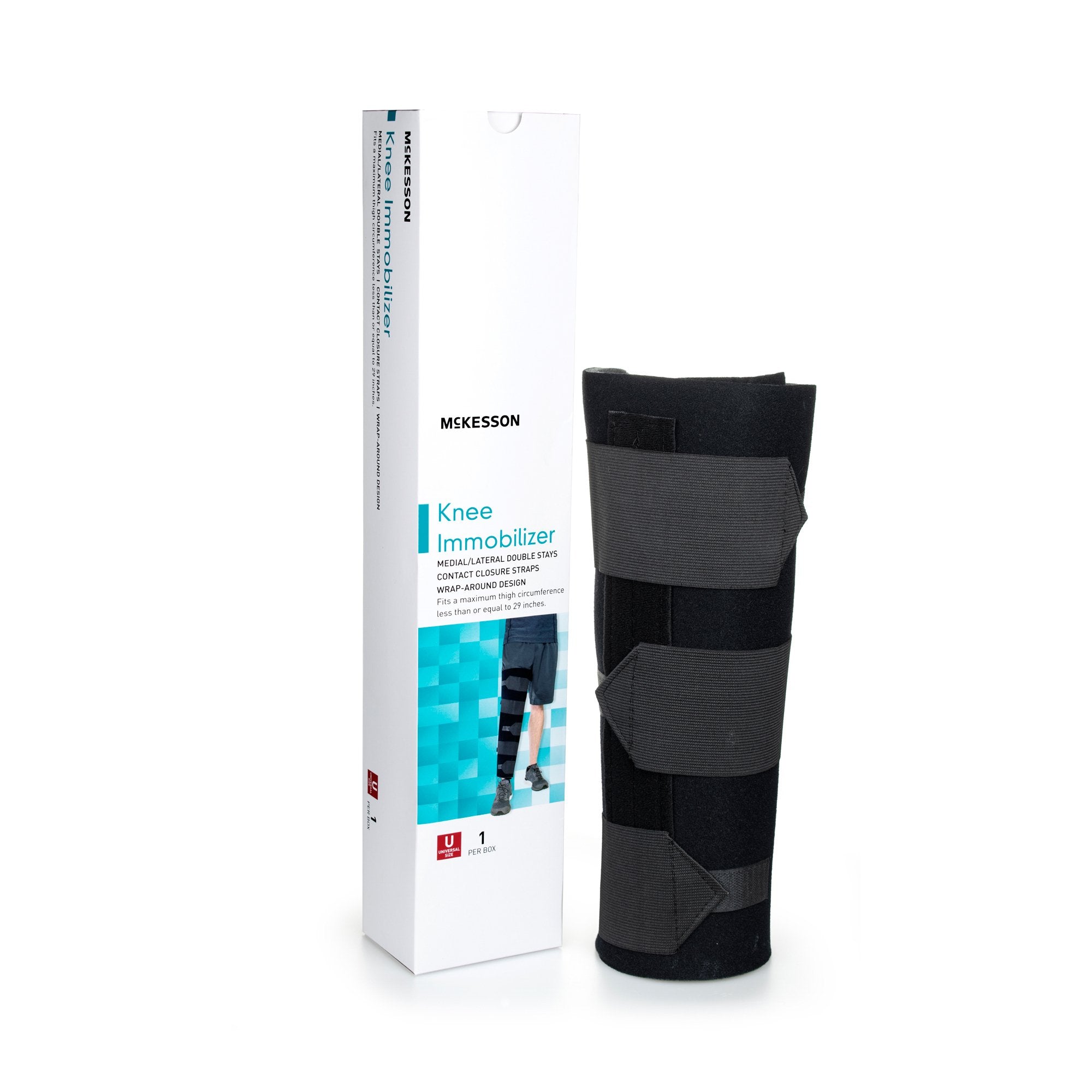 Knee Immobilizer McKesson One Size Fits Most Hook and Loop Closure Up to 29 Inch Thigh Circumference 14 Inch Length Left or Right Knee