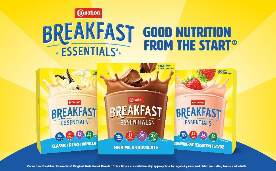 oral supplement carnation breakfast essentials rich milk chocolate flavor powder 1 26 oz individual packet packaging type box
