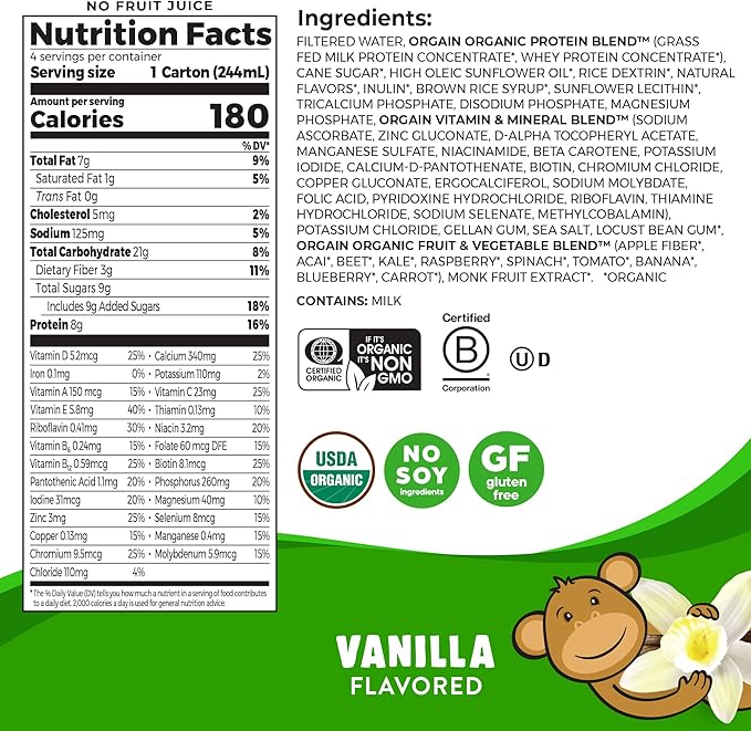 orgain kids protein organic nutritional shake vanilla 8 25 ounce carton orgain kids protein organic nutritional shake pediatric oral supplement mk1104610ea