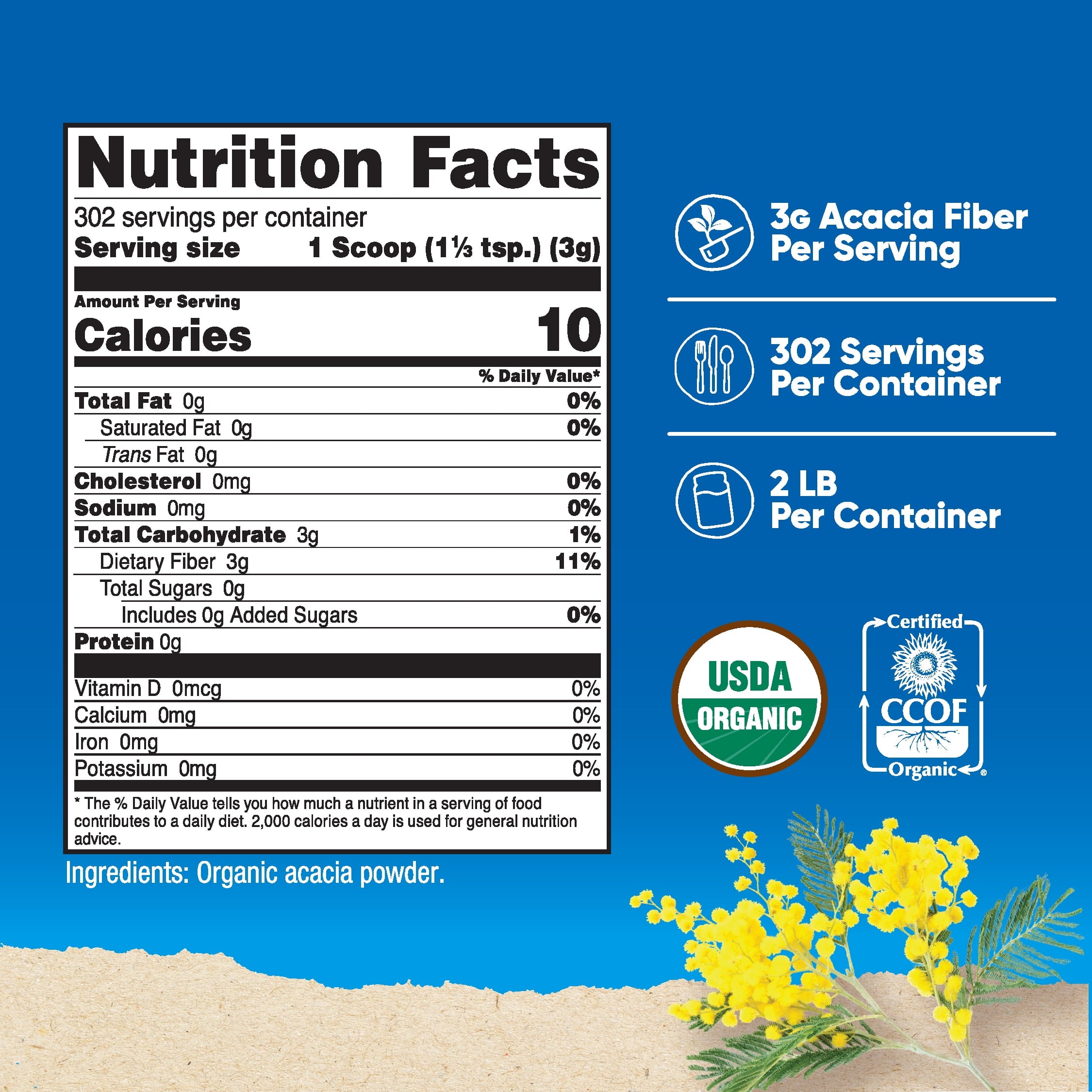 Organic Acacia Fiber Powder Supplement (2 LB) Non Gmo, Gluten Free