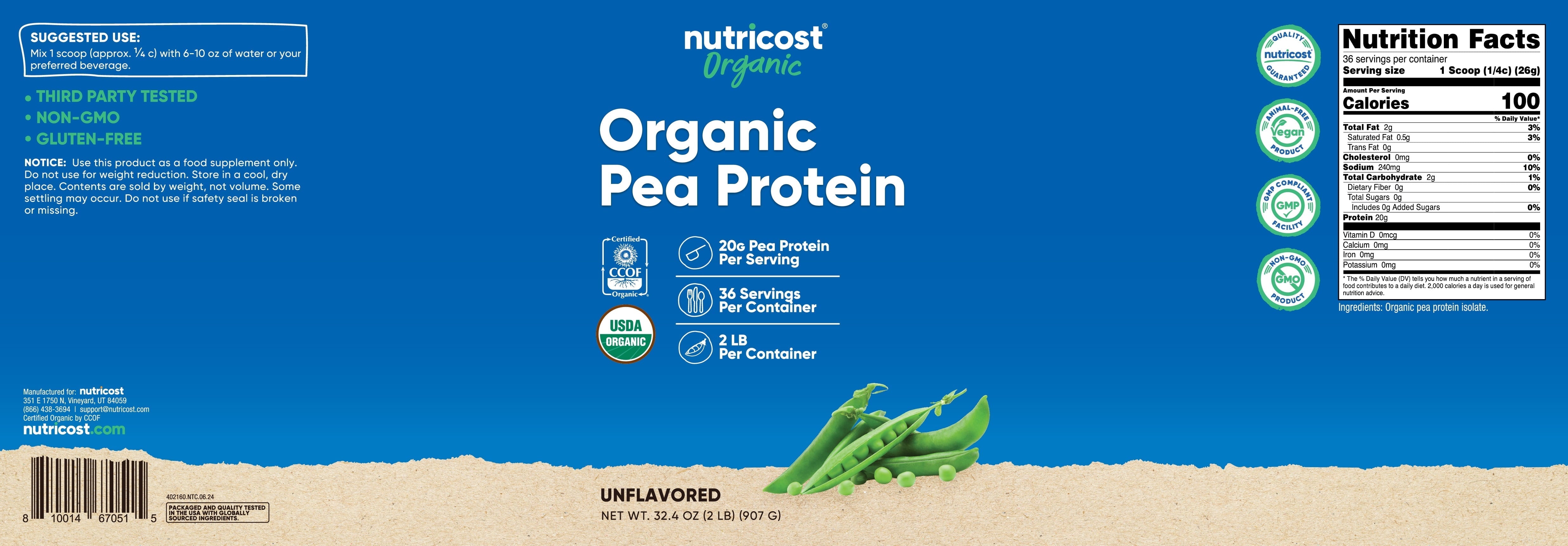 Organic Pea Protein Isolate Powder 2 Lbs (Unflavored)