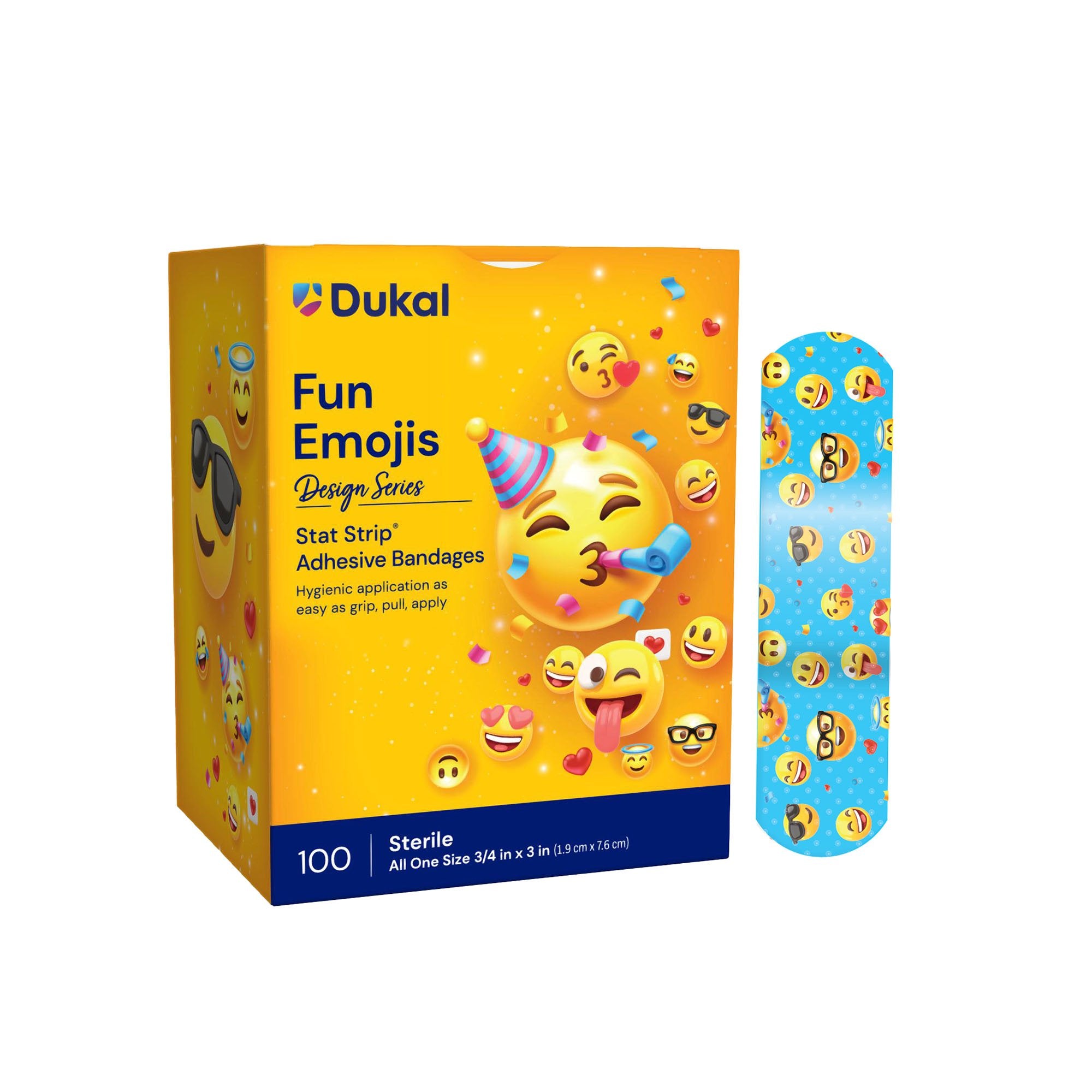 Adhesive Strip Designer Series with Stat Strip Technology 3/4 X 3 Inch Plastic Rectangle Kid Design (Emoji Fun) Sterile