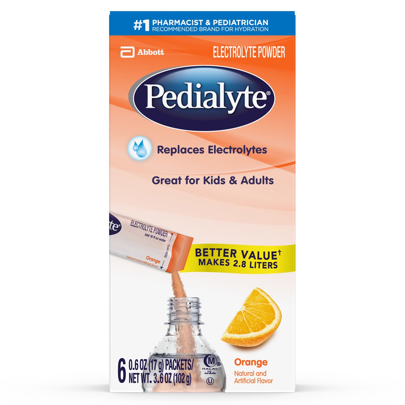 Oral Electrolyte Solution Pedialyte Powder Packs Orange Flavor 0.6 oz. Electrolyte