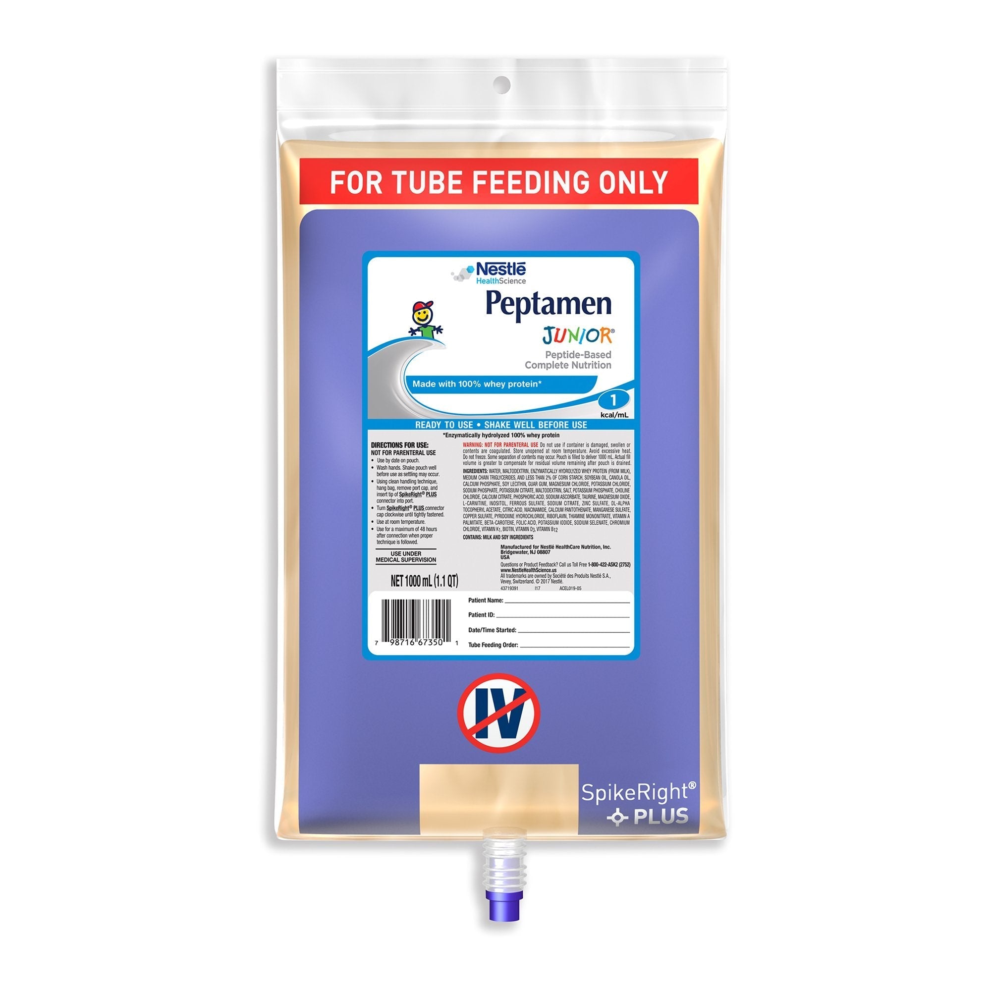 Pediatric Tube Feeding Formula Peptamen Junior Unflavored 1000 mL Bag Liquid Whey Protein Impaired GI Function
