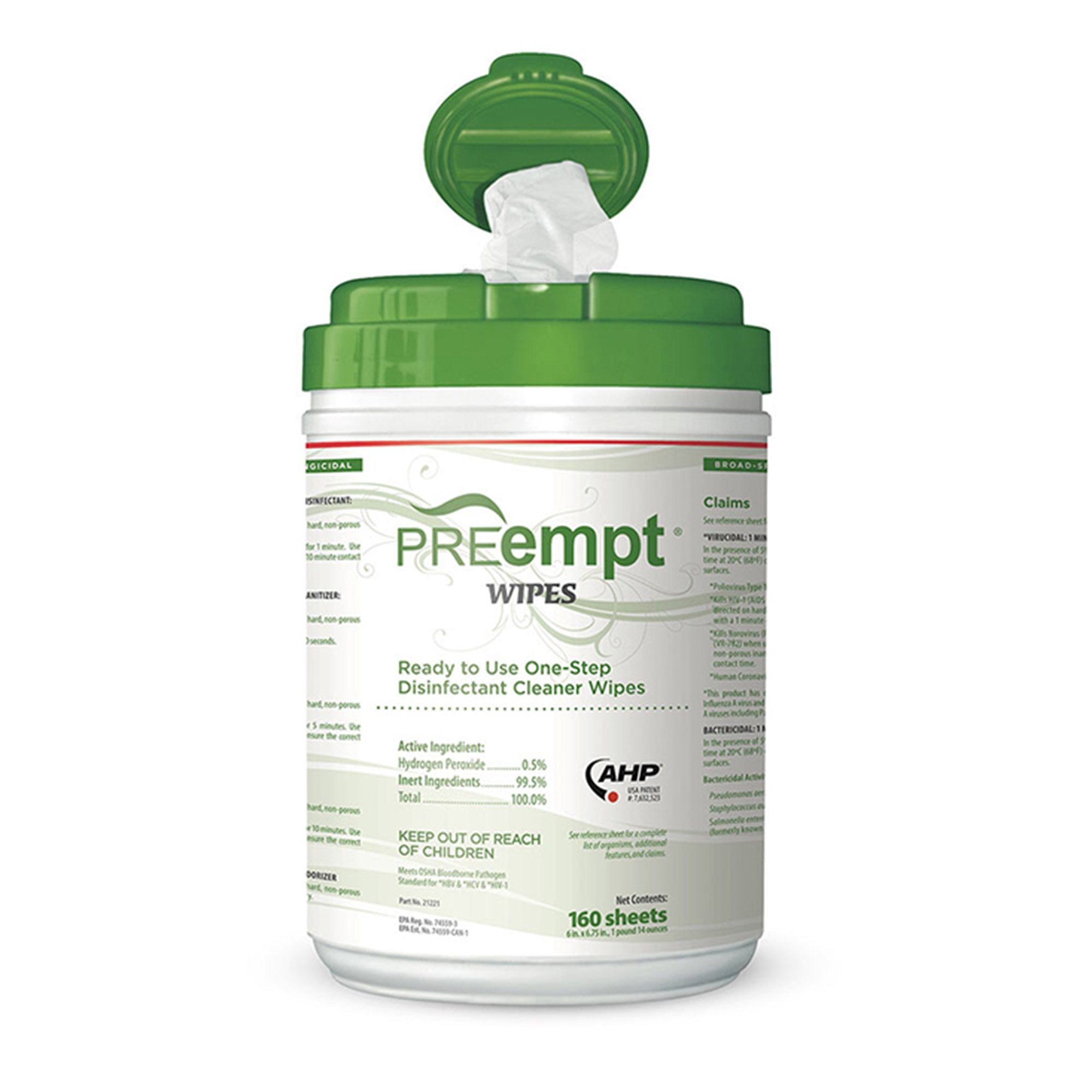 PREempt Surface Disinfectant Cleaner Premoistened Cleanroom Manual Pull Wipe 160 Count Canister Unscented NonSterile