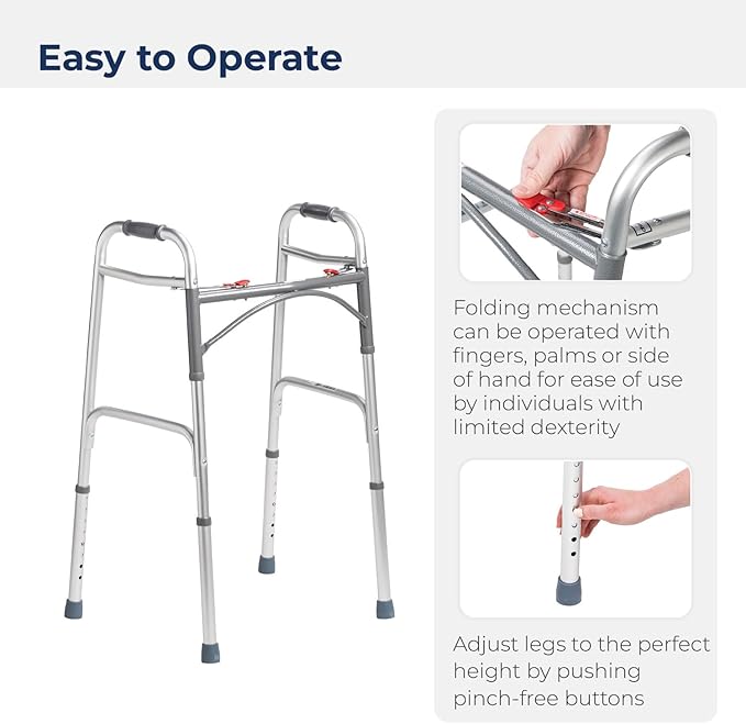 probasics aluminum two button release folding walker without wheels