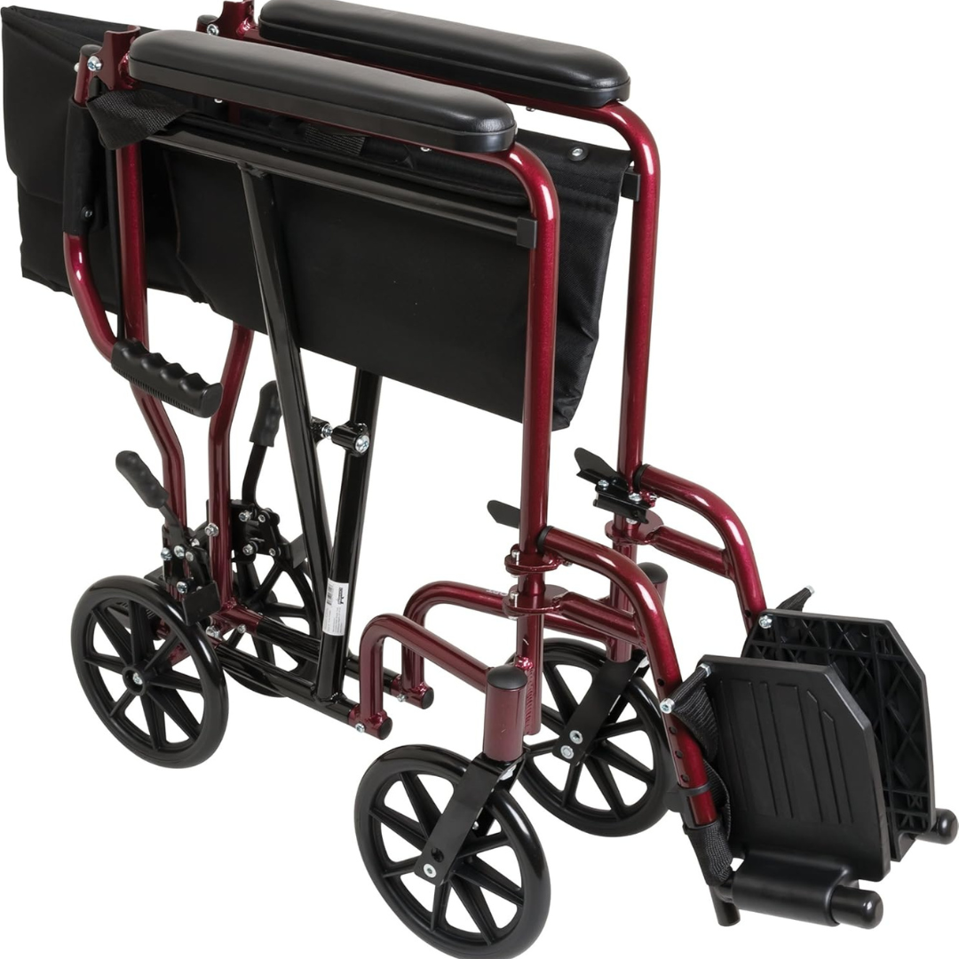 Burgundy aluminum transport chair with swing-away footrests