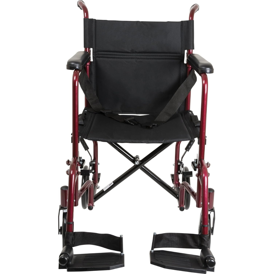 Burgundy transport chair with secure seat belt and foot supports