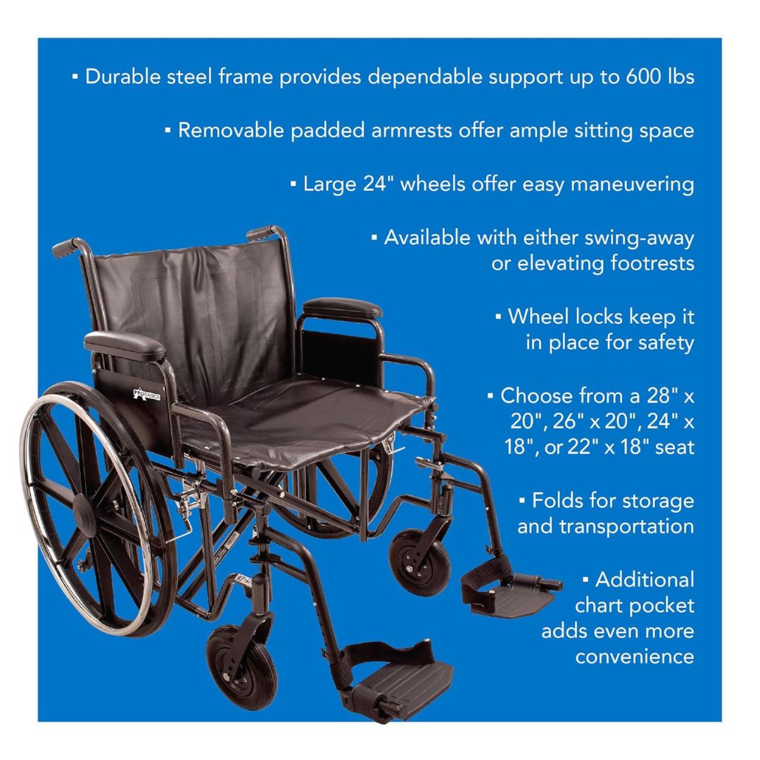 probasics heavy duty k0007 wheelchair 22 x 18 seat with footrests
