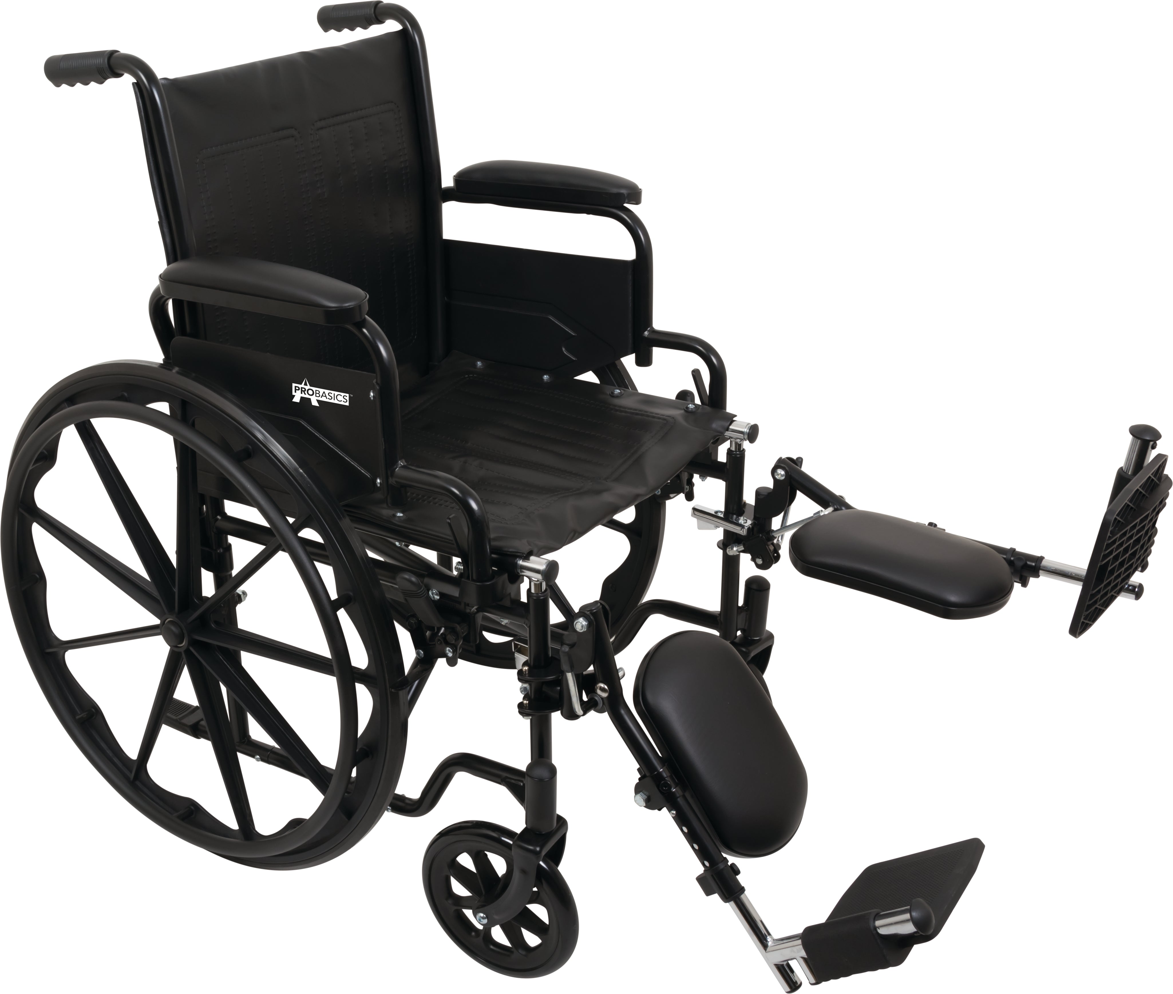 Probasics K1 Lightweight Wheelchair with Flip-back padded upholstered armrests removable and elevating legrests. ,8inch Front 24inch Back Wheels ,250 lbs Weight Capacity ,20" x 16" ,WC12016DE