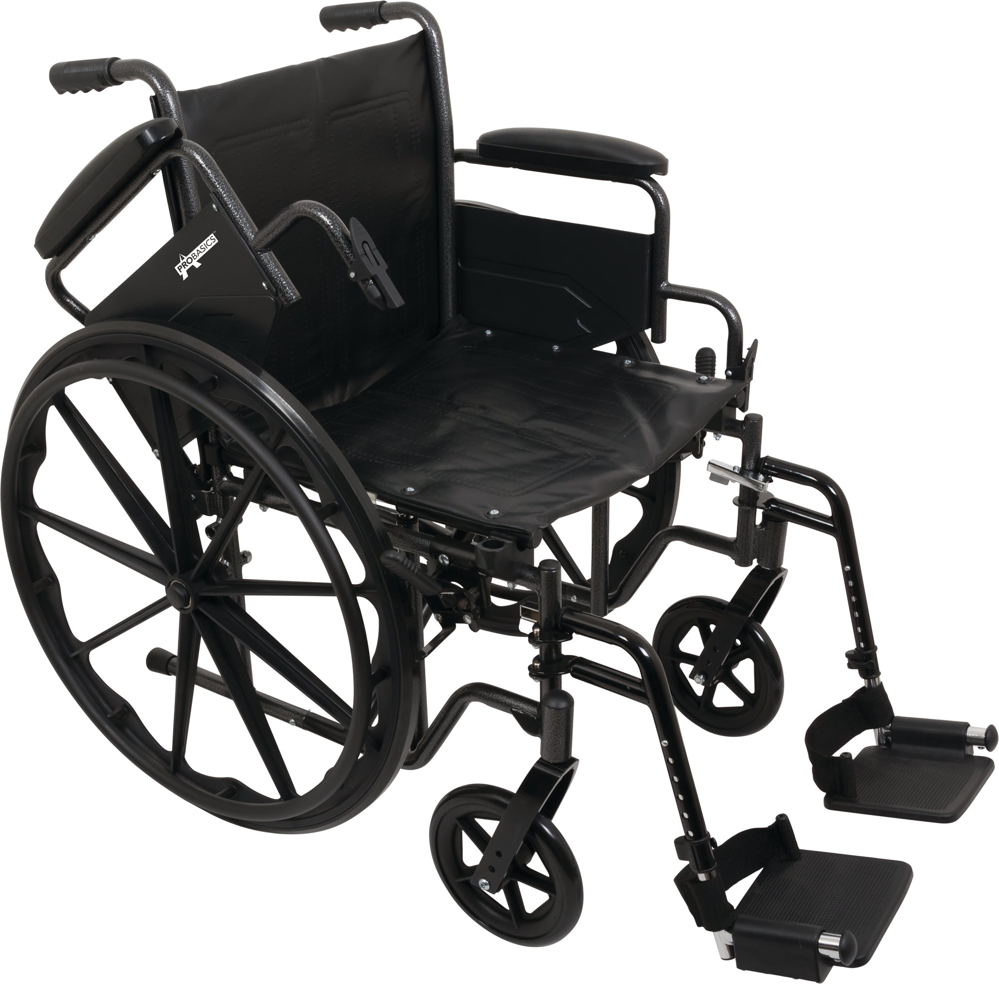 Probasics K2 Wheelchair with Flip-back padded upholstered armrests and Elevating Leg rest ,8" x 1" Front 24" Back Wheels ,300lbs Weight Capacity ,20" x 16" ,WC22016DE