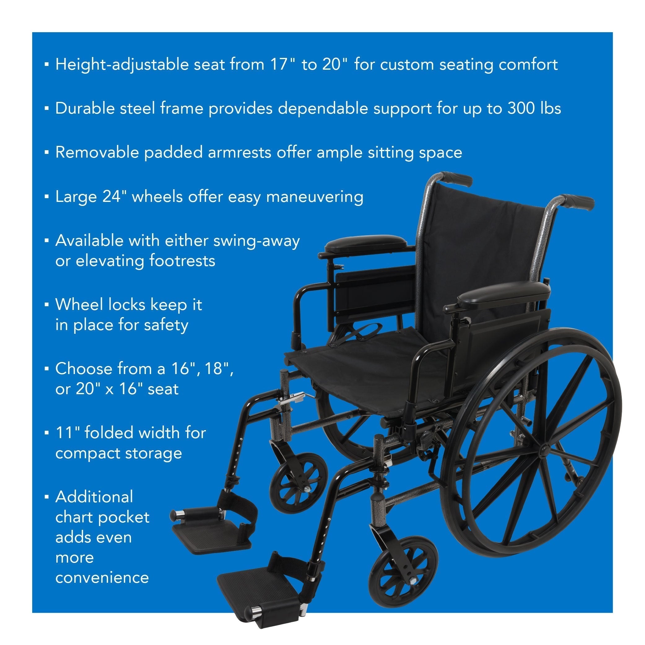 Probasics K3 Lightweight Wheelchair with flip-back height adjustable arms and swing-away or elevating padded leg rests. ,Large 24" rear wheels Wheels ,300 lbs Weight Capacity ,16" x 16" ,WC31616DE