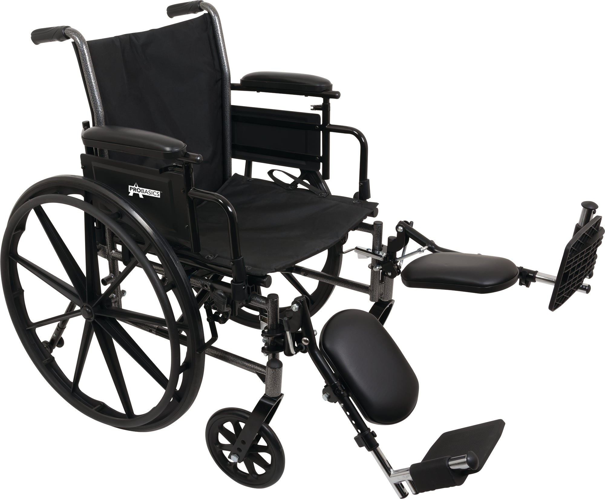 Probasics K3 Lightweight Wheelchair with flip-back height adjustable arms and swing-away or elevating padded leg rests. ,Large 24" rear wheels Wheels ,300 lbs Weight Capacity ,16" x 16" ,WC31616DE