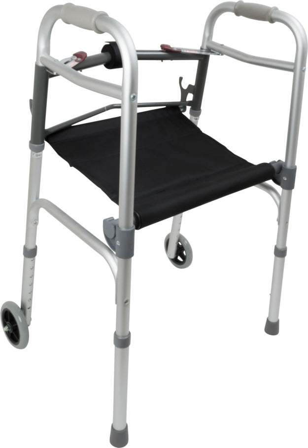 probasics two button folding walker with wheels and roll up seat