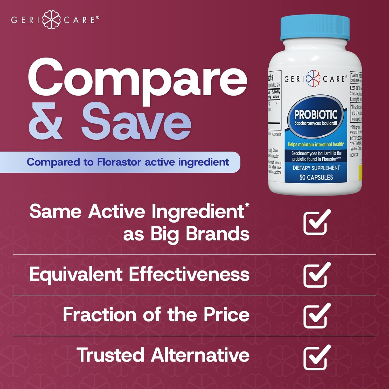 probiotic dietary supplement geri care 50 per bottle capsule packaging type case