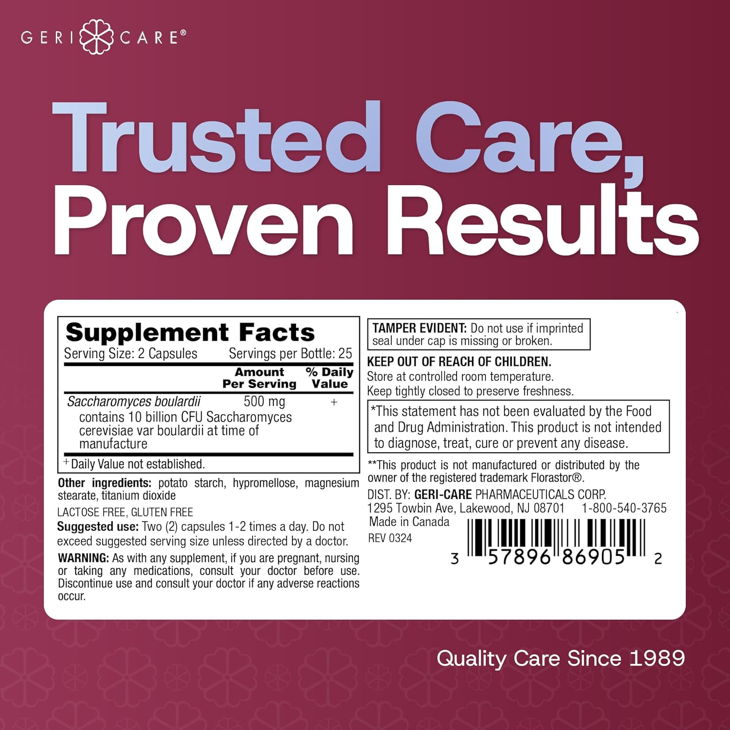 probiotic dietary supplement geri care 50 per bottle capsule packaging type case