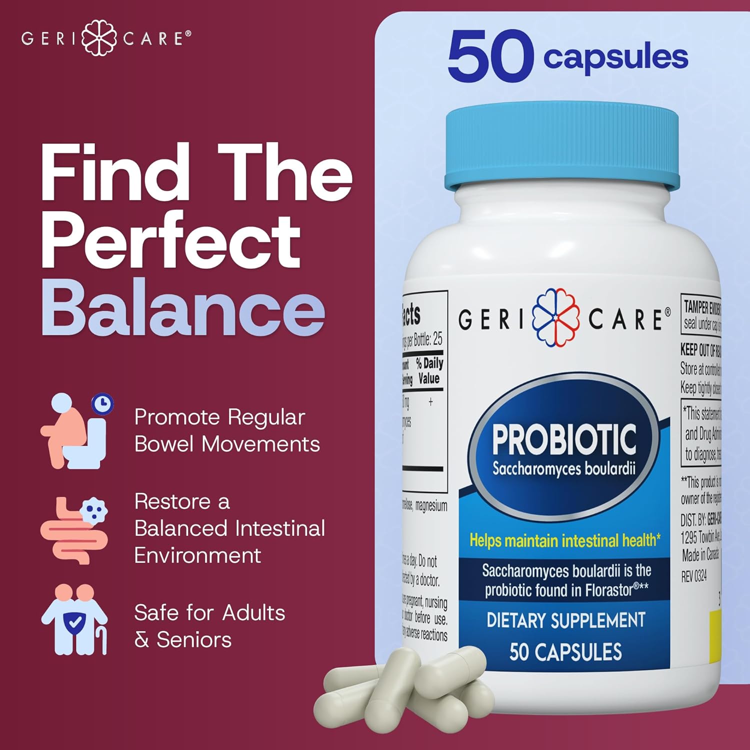 probiotic dietary supplement geri care 50 per bottle capsule packaging type case