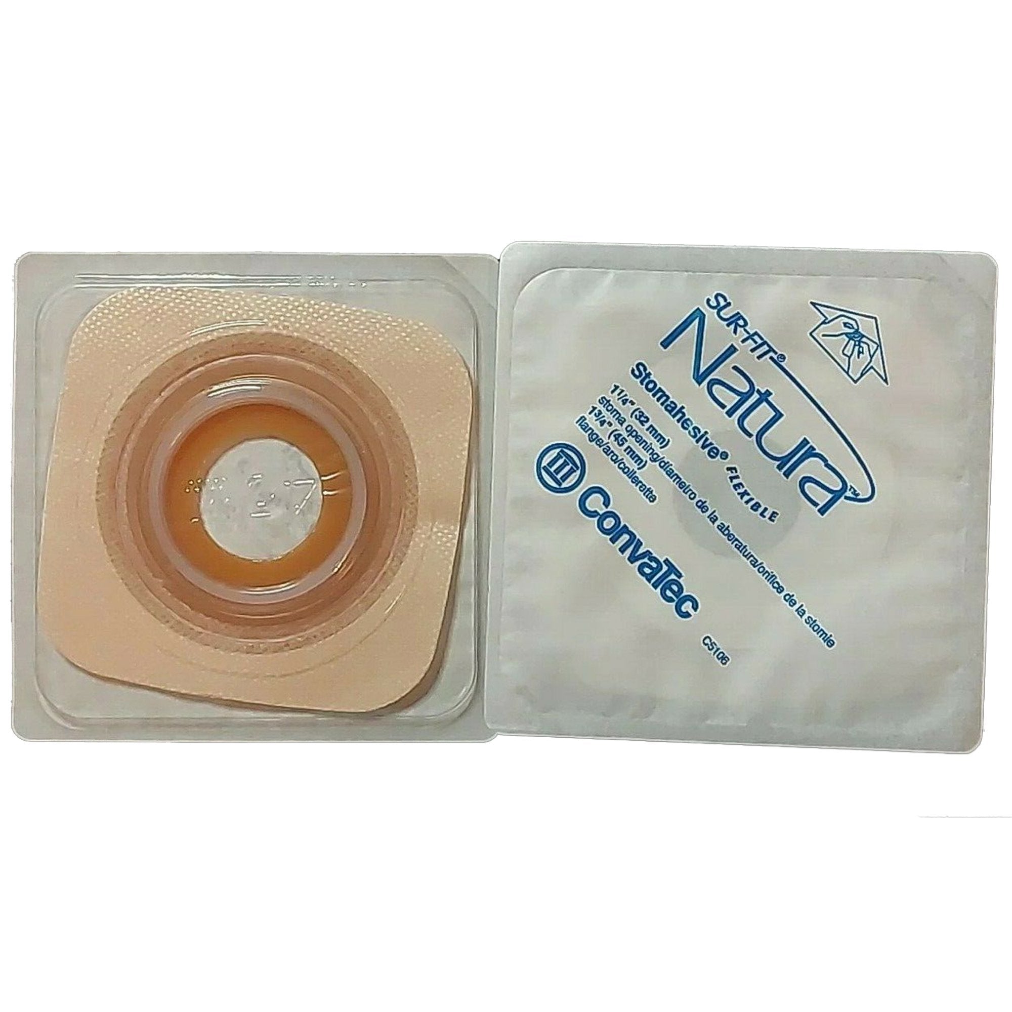 Ostomy Barrier Sur Fit Natura Precut, Standard Wear Stomahesive Adhesive 45 mm Flange Sur Fit Natura System Hydrocolloid 1 1/4 Inch Opening 4 X 4 Inch