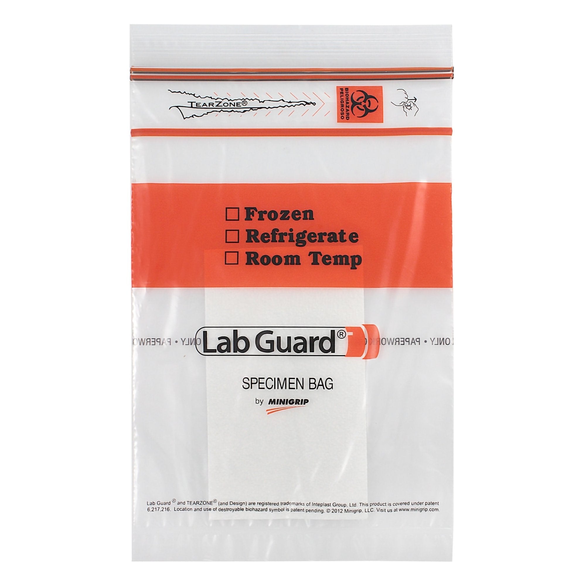 Specimen Transport Bag with Document Pouch and Absorbent Pad Lab Guard Double Zipper 6 X 9 Inch Zip Closure Biohazard Symbol / Storage Instructions NonSterile