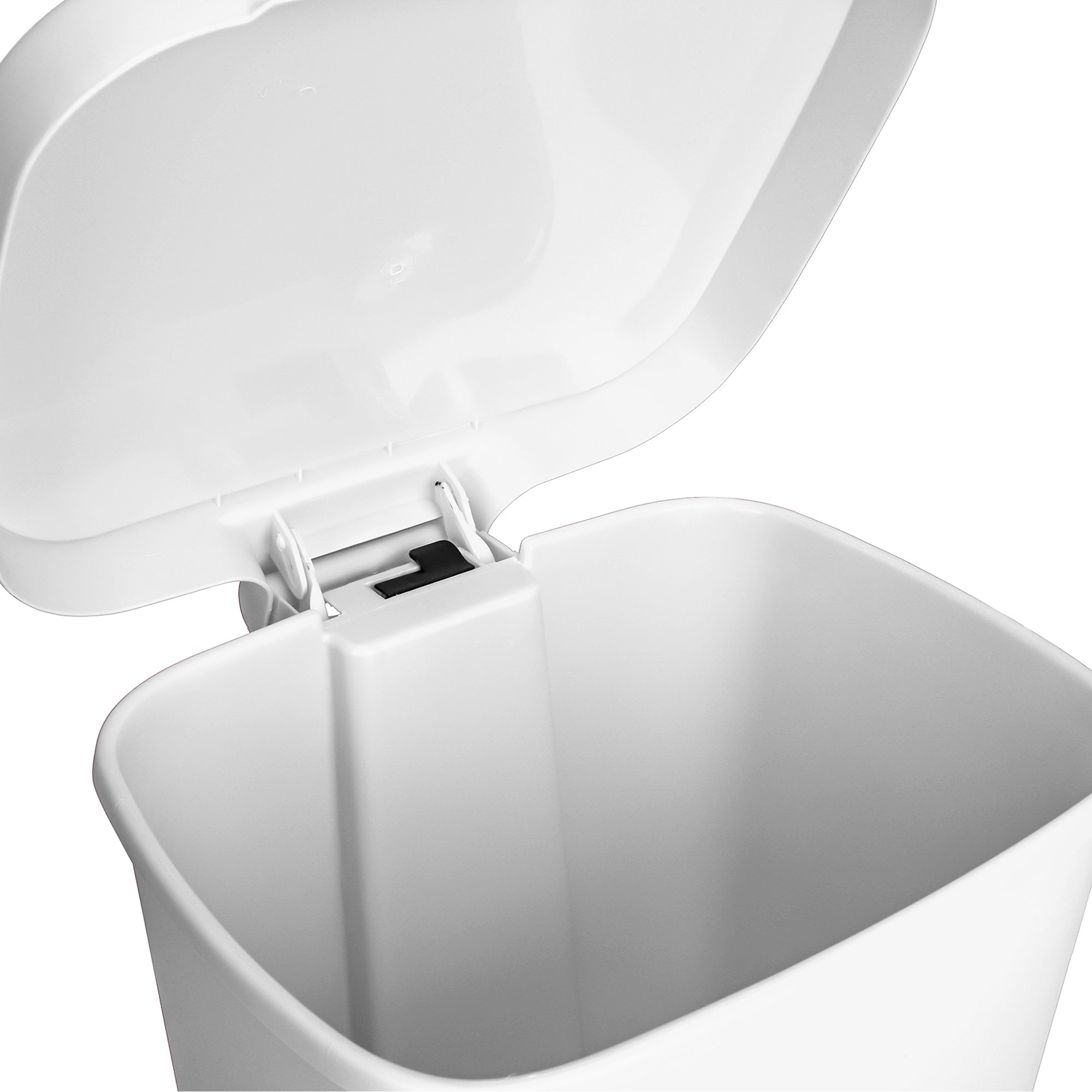 Open white plastic trash bin with lid