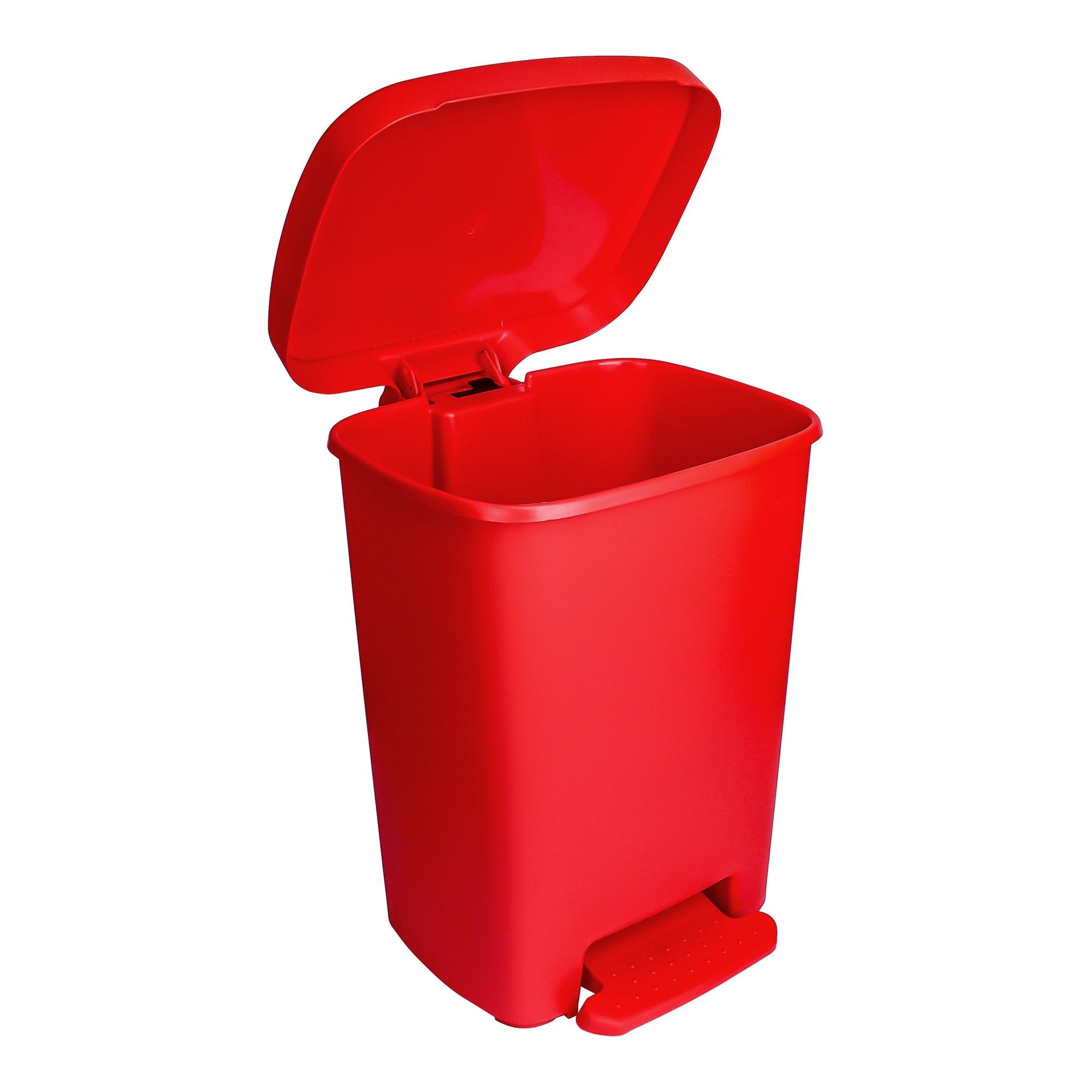 Open red pedal operated plastic trash bin